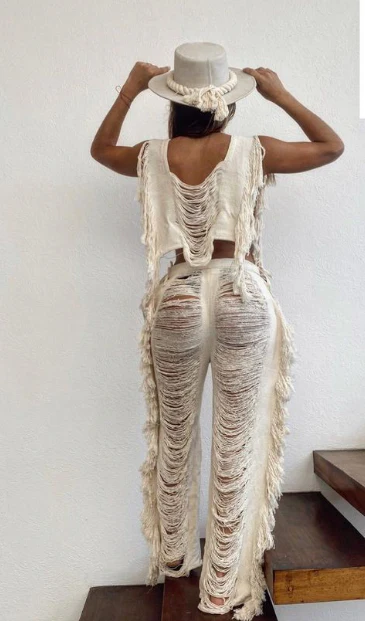 Handmade Frayed Set Pants & Crop 