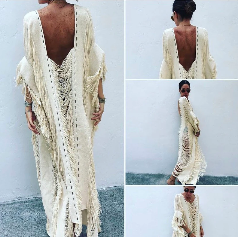 Handmade Frayed Maxi Beach Dress BO Swim Cover up