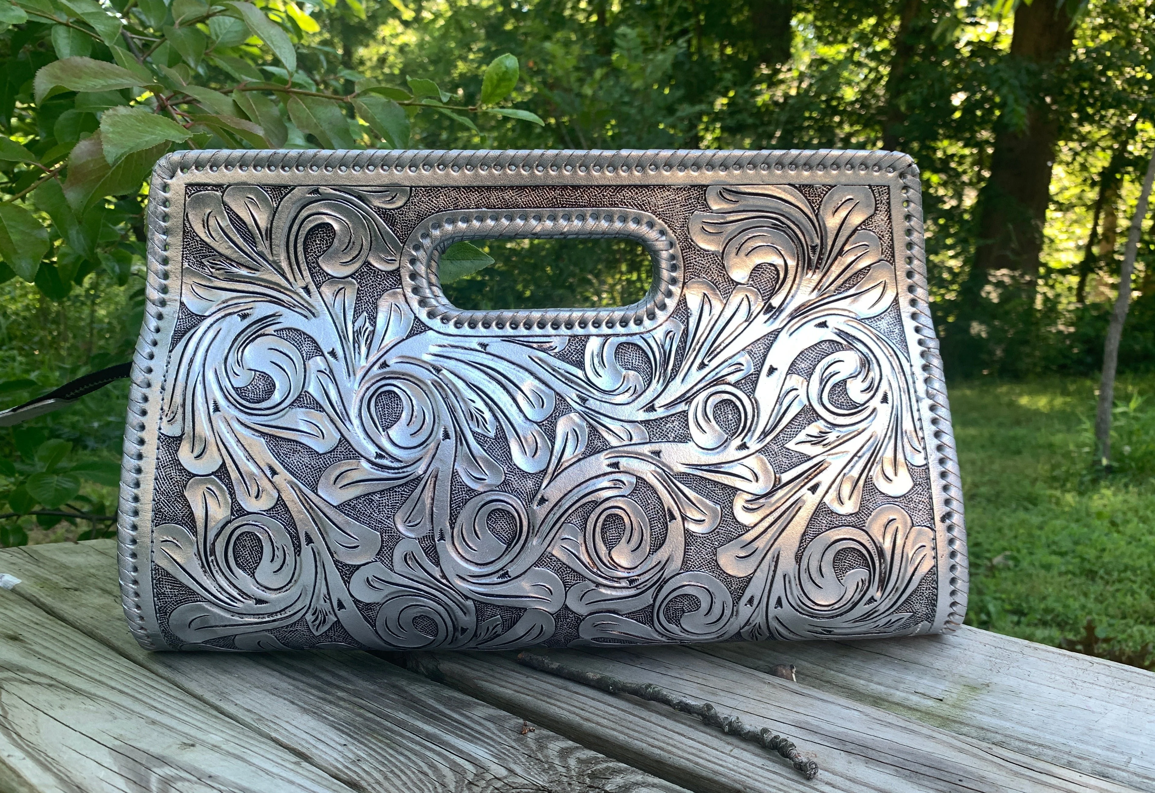 Hand-Tooled Leather Large Clutch Bag 