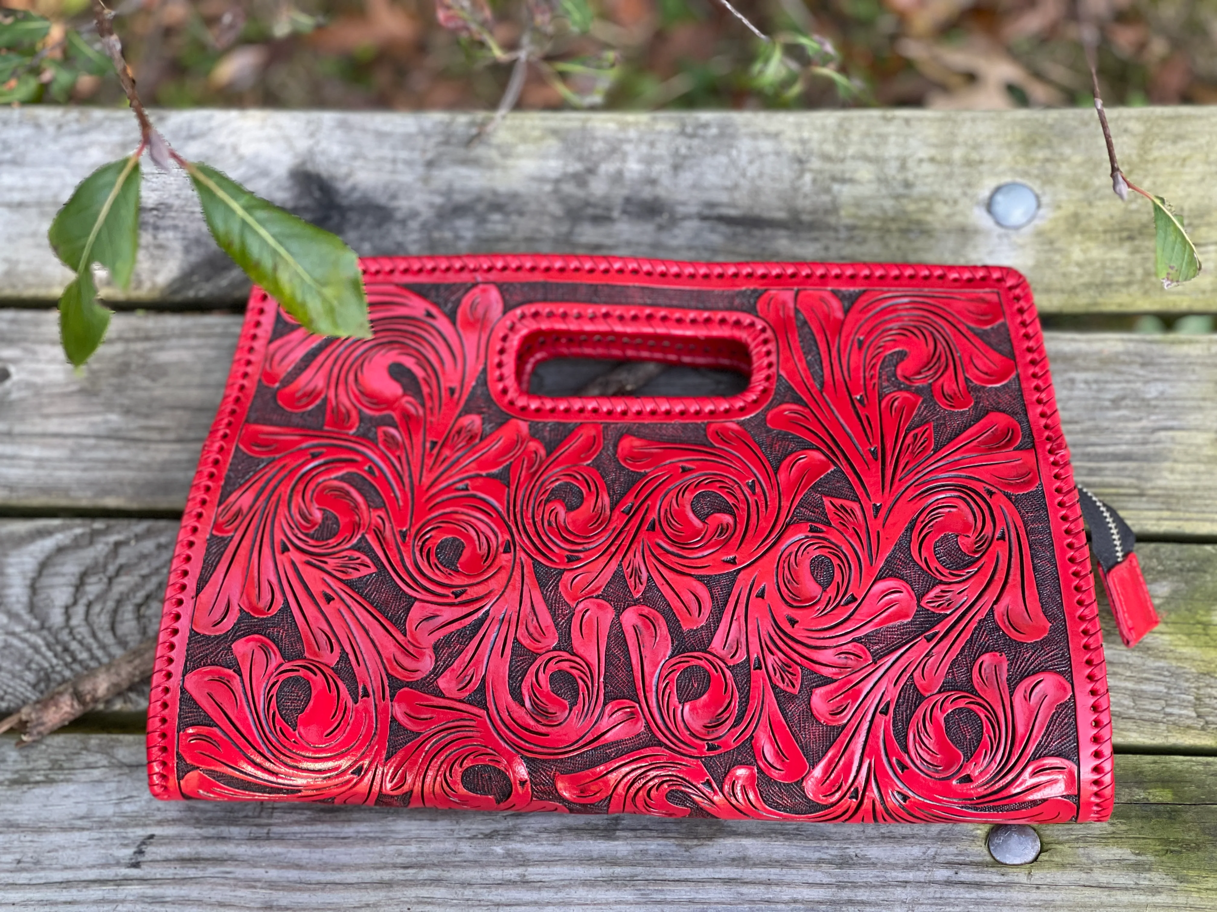 Hand-Tooled Leather Large Clutch Bag 