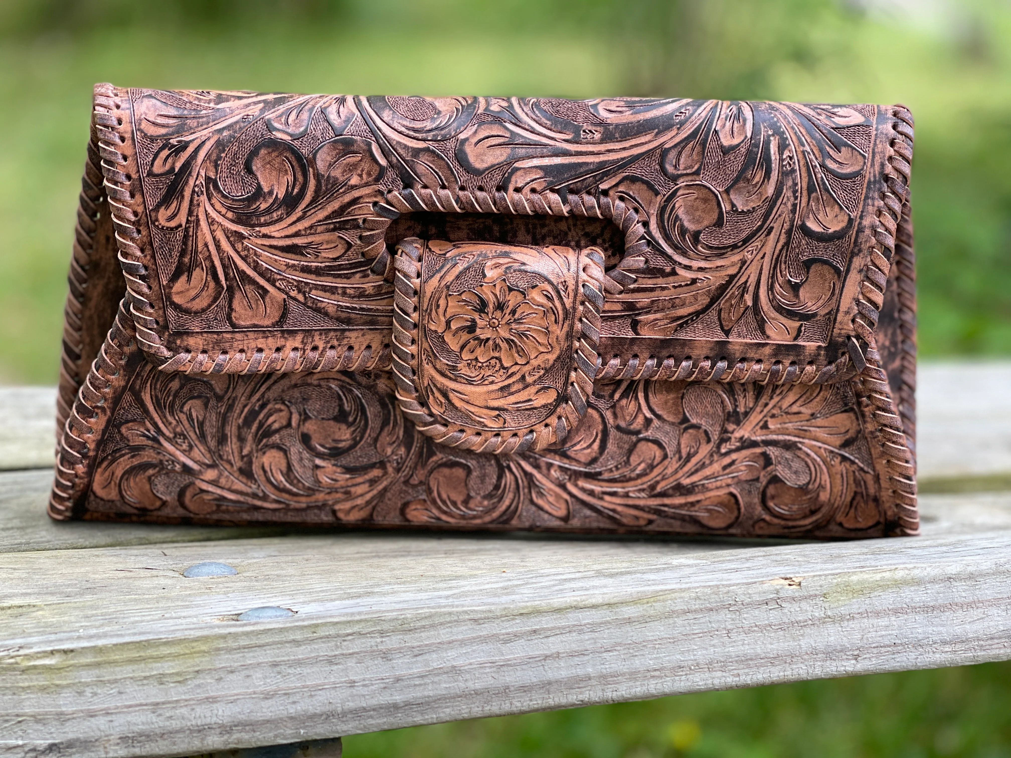 Hand-Tooled Leather Large Crossbody Clutch 