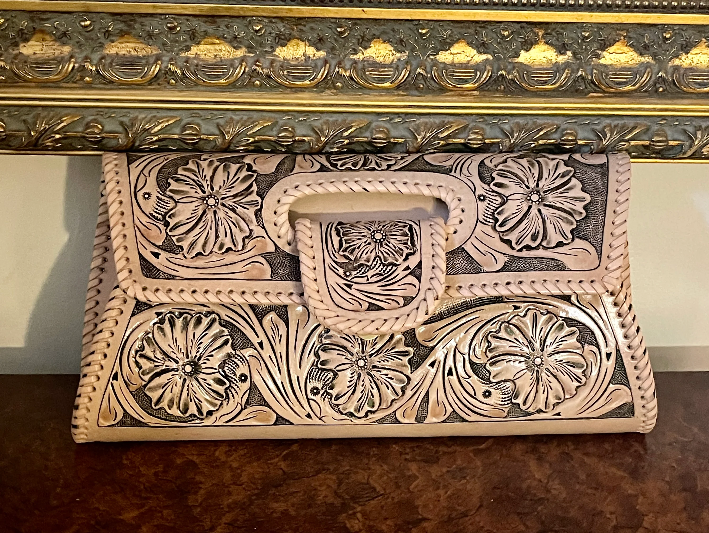 Hand-Tooled Leather Large Crossbody Clutch 