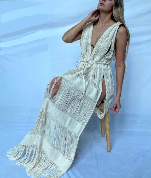 Handmade Frayed Maxi Beach Dress CABO, Swim cover-up