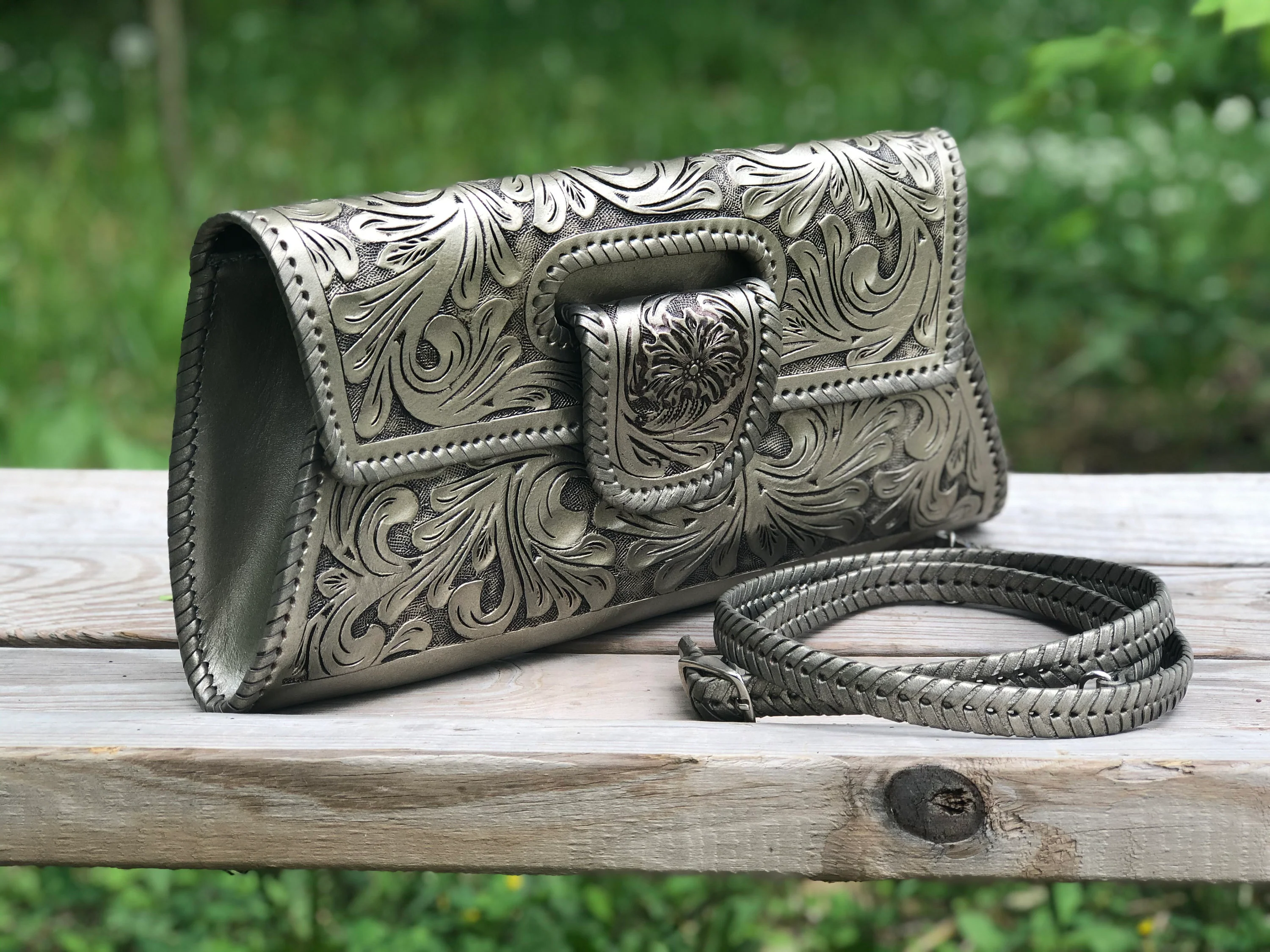 Hand-Tooled Leather Large Crossbody Clutch 