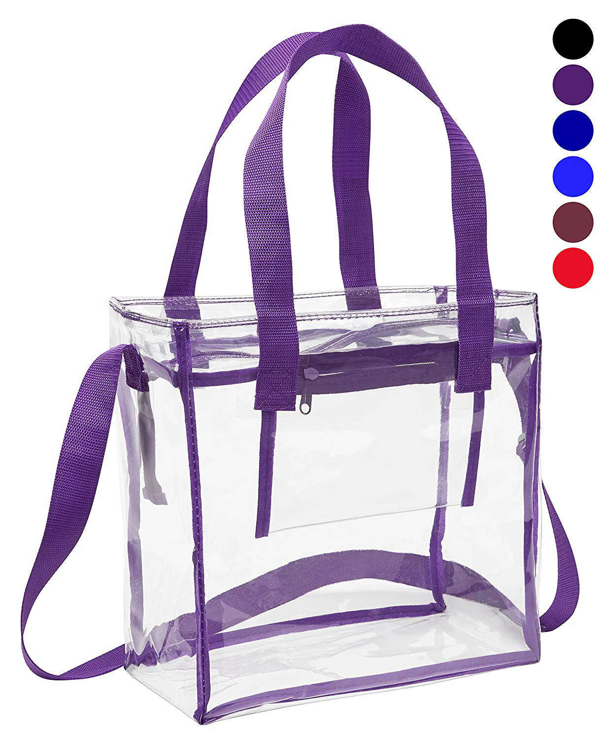 Deluxe Clear 12 x 12 x 6 Cross-Body Stadium Tote Bag with Zipper Closure and Interior Pocket (CH-1212A-PUR) - Purple Trim