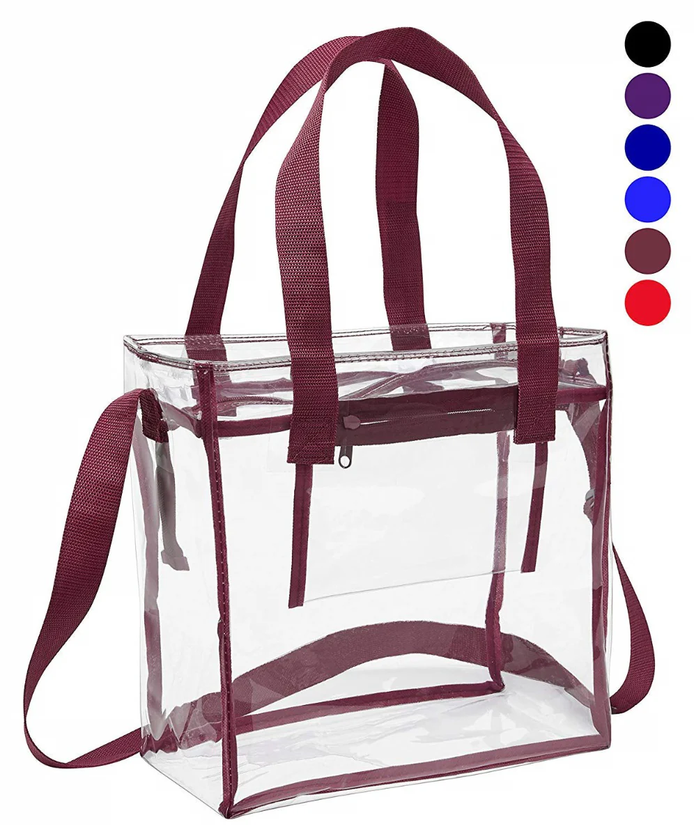 Deluxe Clear 12 x 12 x 6 Cross-Body Stadium Tote Bag with Zipper Closure and Interior Pocket (CH-1212A-BUR) - Burgundy Trim