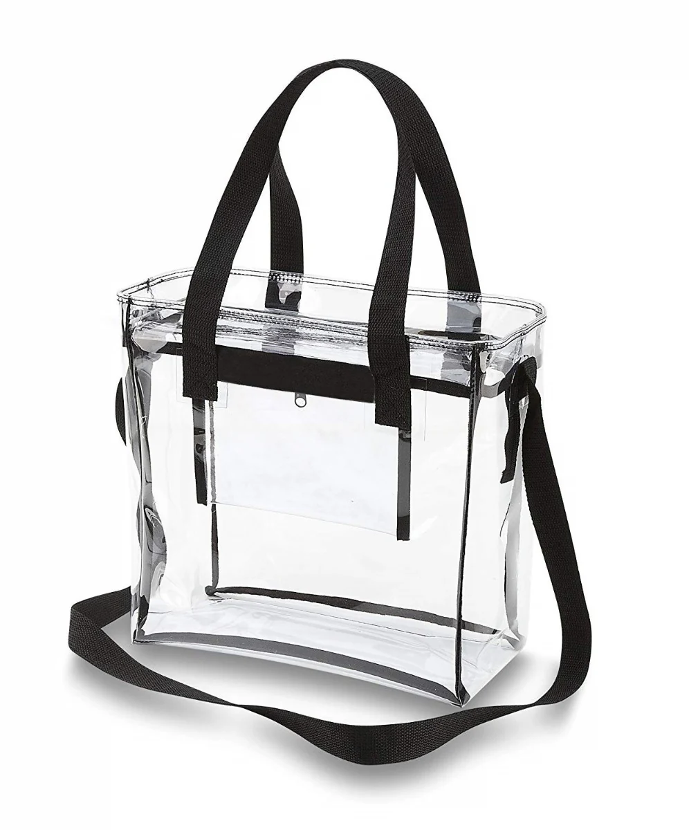 Deluxe Clear 12 x 12 x 6 Cross-Body Stadium Tote Bag with Zipper Closure and Interior Pocket (CH-1212A) - Black Trim