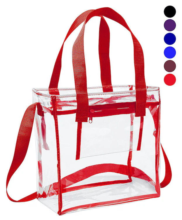 Deluxe Clear 12 x 12 x 6 Cross-Body Stadium Tote Bag with Zipper Closure and Interior Pocket (CH-1212A-RED) - Red Trim