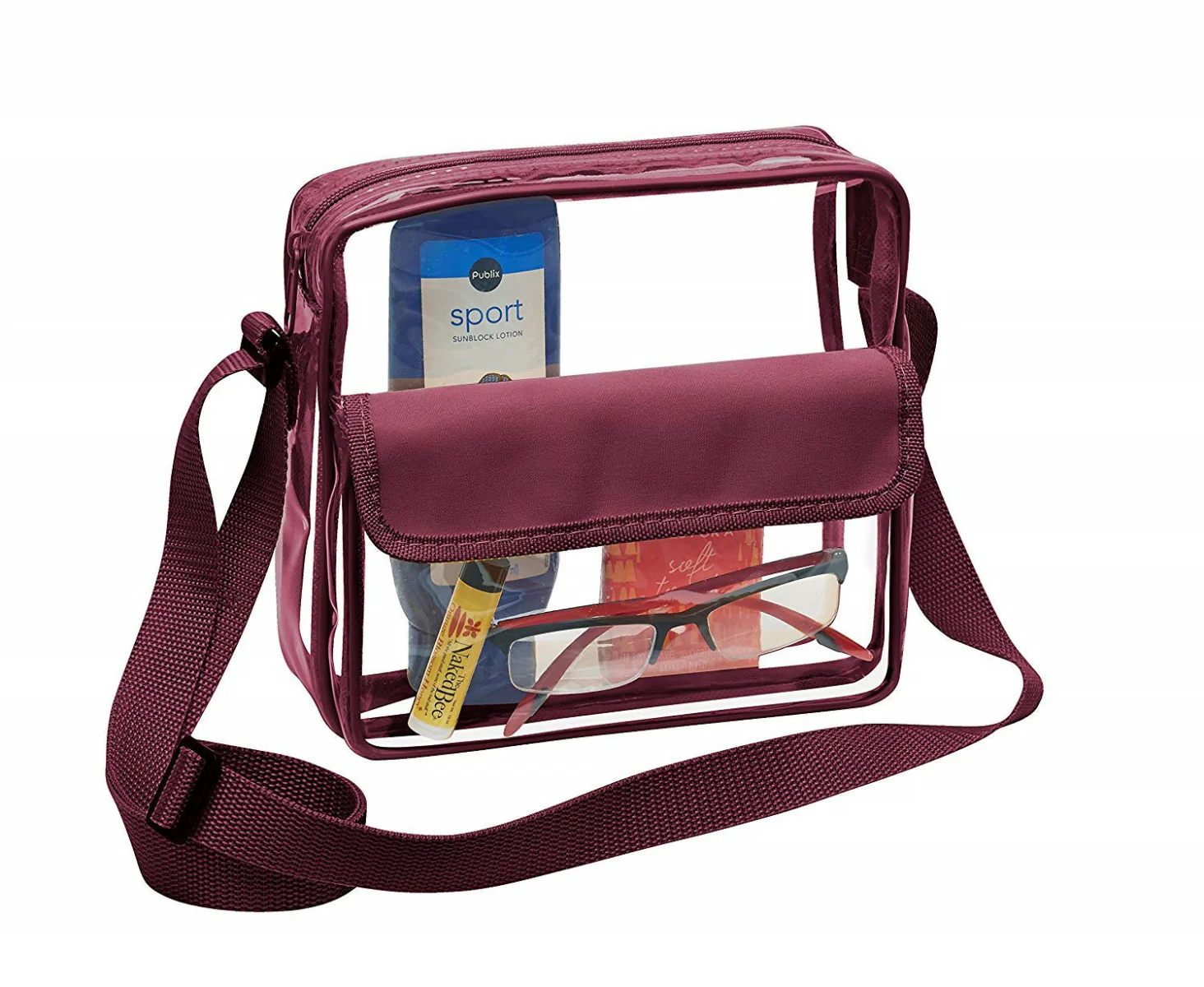 Medium Clear Cross-Body Messenger Shoulder Bag (CH-500-BUR) - Burgundy Trim