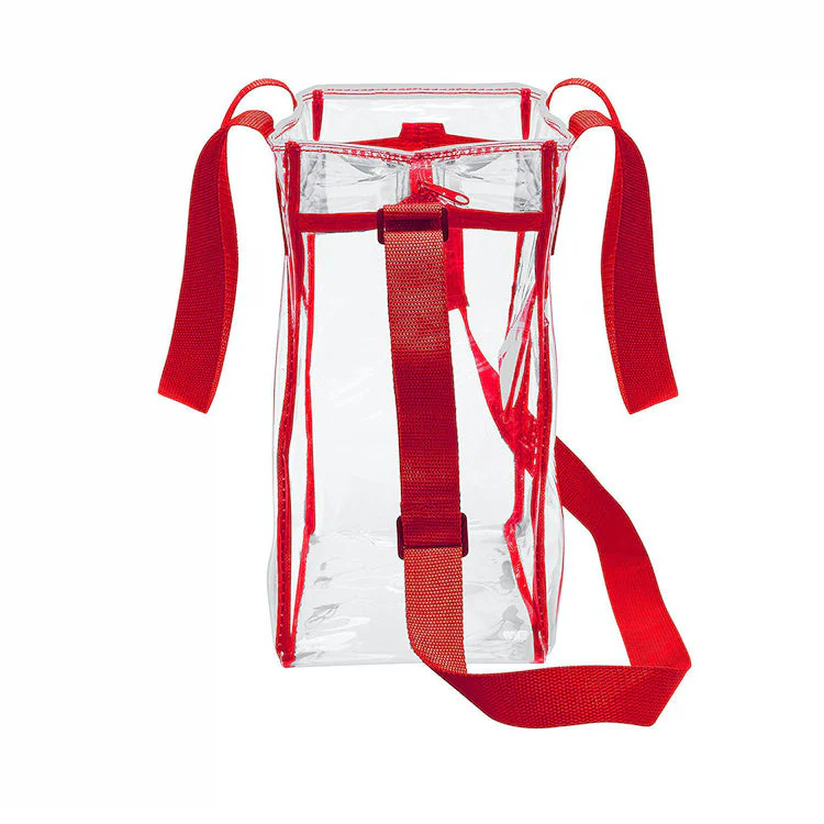 Deluxe Clear 12 x 12 x 6 Cross-Body Stadium Tote Bag with Zipper Closure and Interior Pocket (CH-1212A-RED) - Red Trim