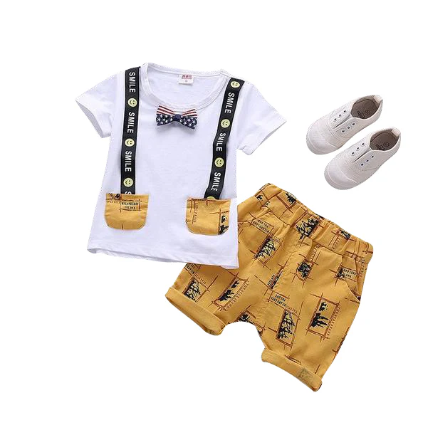 MOF Kids boys cartoon print bow tie T-shirt & shorts set