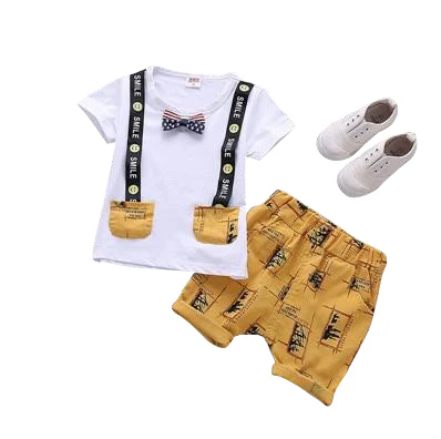 MOF Kids boys cartoon print bow tie T-shirt & shorts set