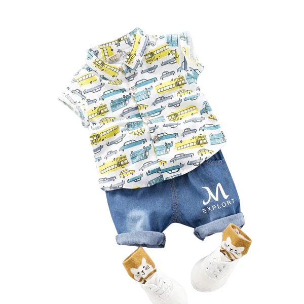 MOF Kids boys cartoon car print T-shirt & jeans set