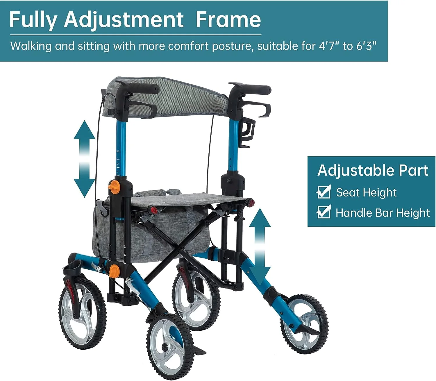 KLD-9282 Dual-Brake Knob Adjustment Height Rollator Walker 8