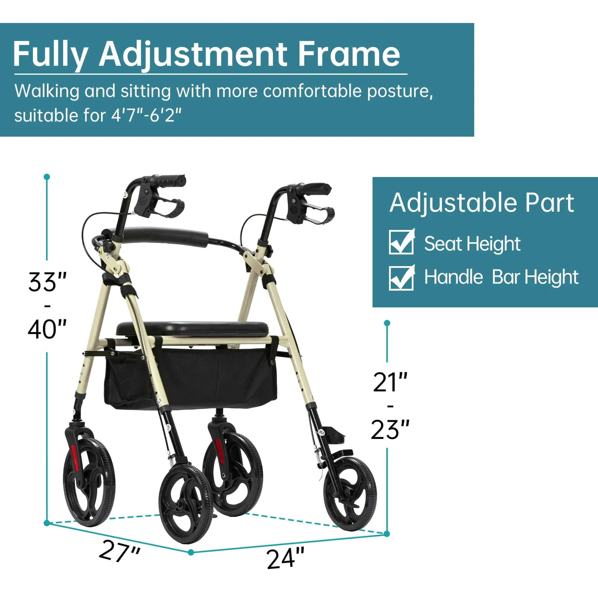 YF-9007B Dual-Brake Ergonomic Handgrip Rollator Walker 8
