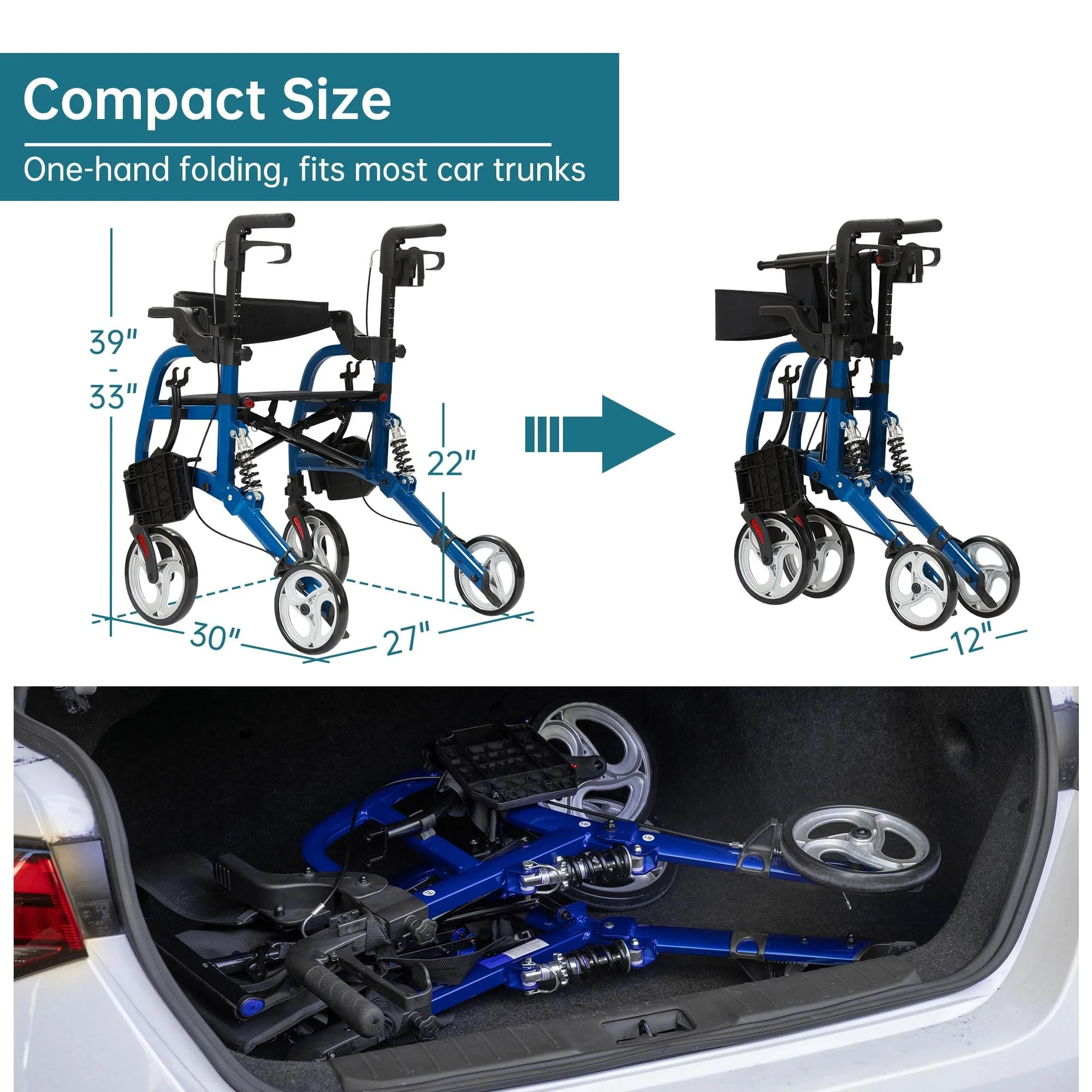 HFK-9294 2-in-1 Shock-Absorbing Rollator Walker 8” Rear Wheels
