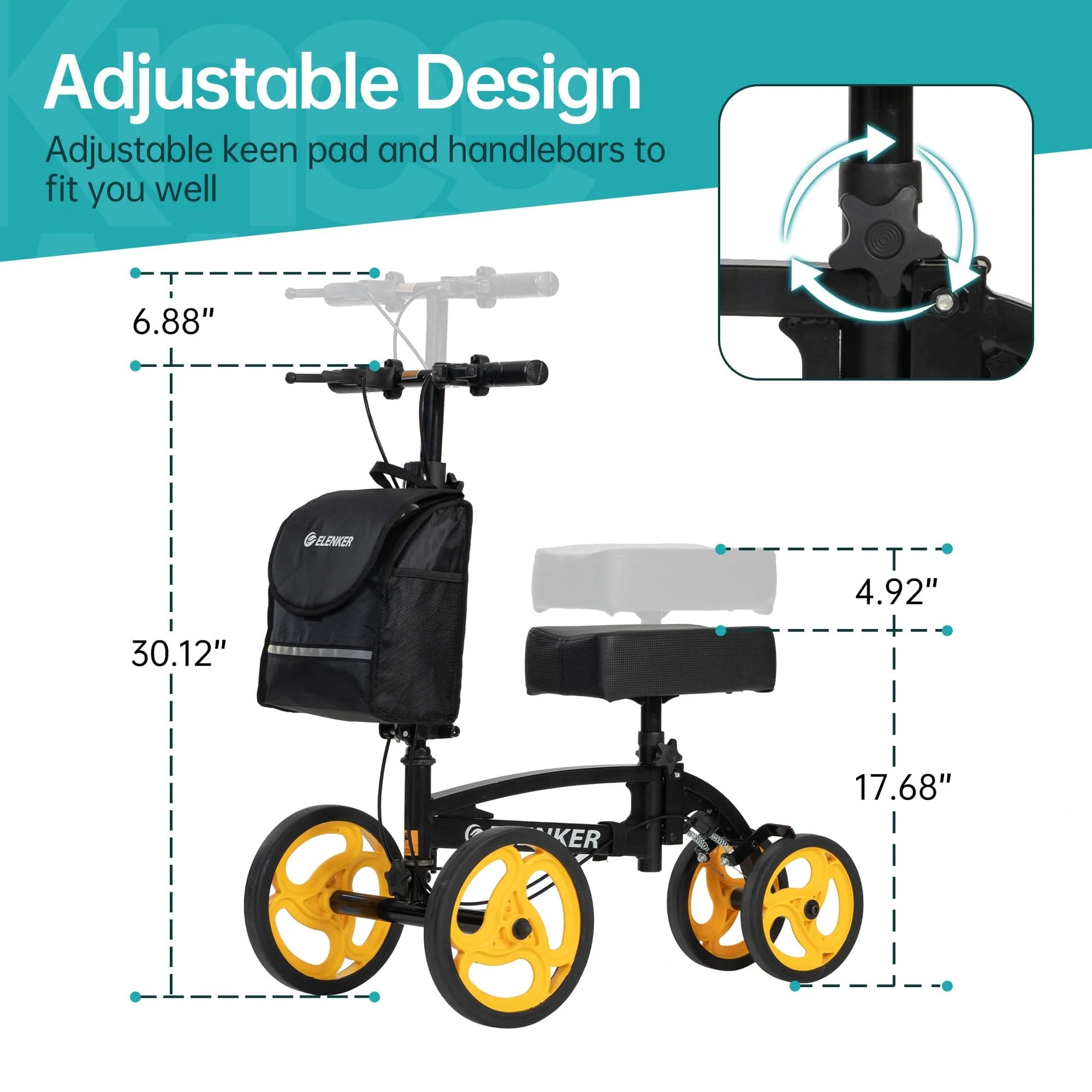 YF-9010A Steerable Knee Scooter, Foldable Knee Walker with Basket Dual Braking System Knee Scooters for Injured Ankle and Broken Foot Black