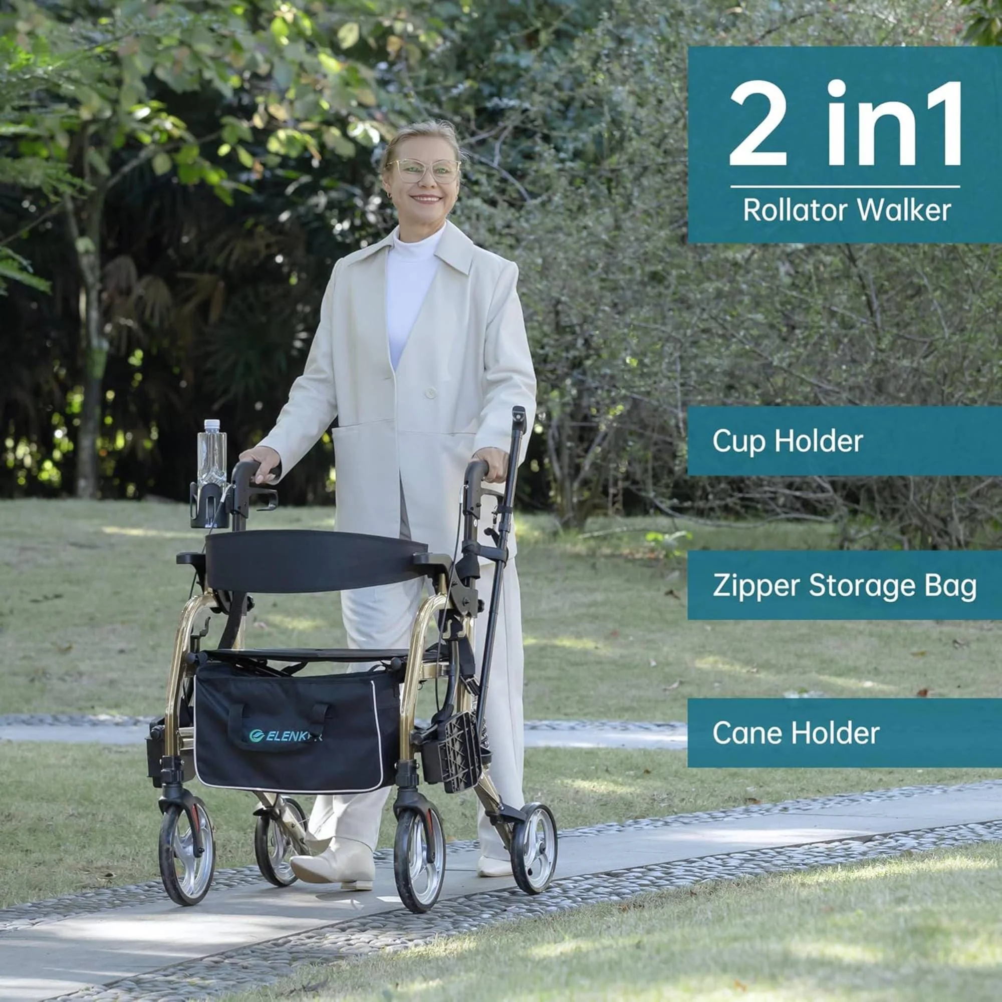 HFK-9294 2-in-1 Shock-Absorbing Rollator Walker 8” Rear Wheels