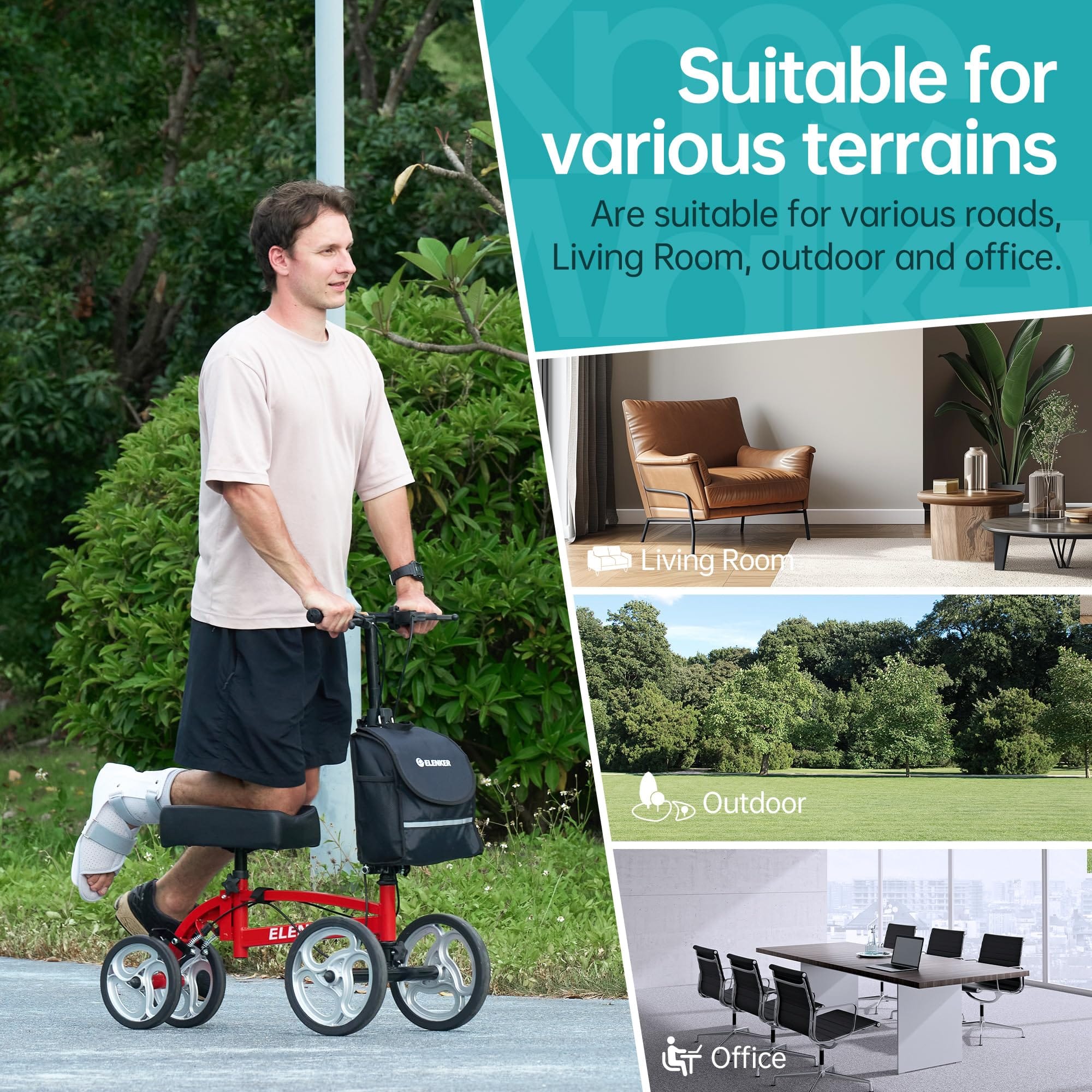 YF-9010A Steerable Knee Scooter, Foldable Knee Walker with Basket Dual Braking System Knee Scooters for Injured Ankle and Broken Foot Red