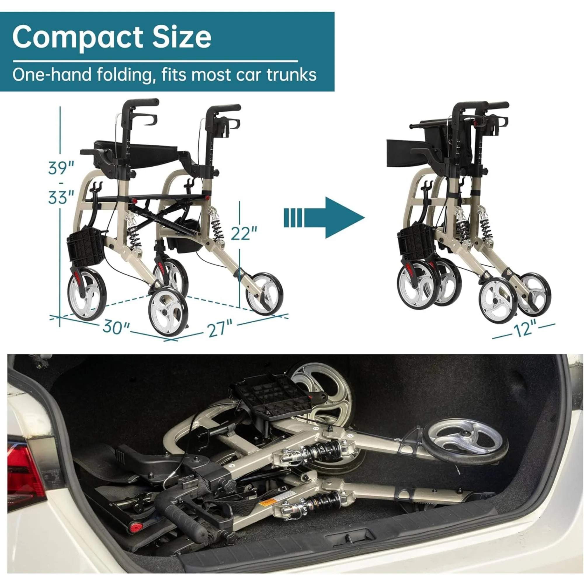 HFK-9294 2-in-1 Shock-Absorbing Rollator Walker 8” Rear Wheels