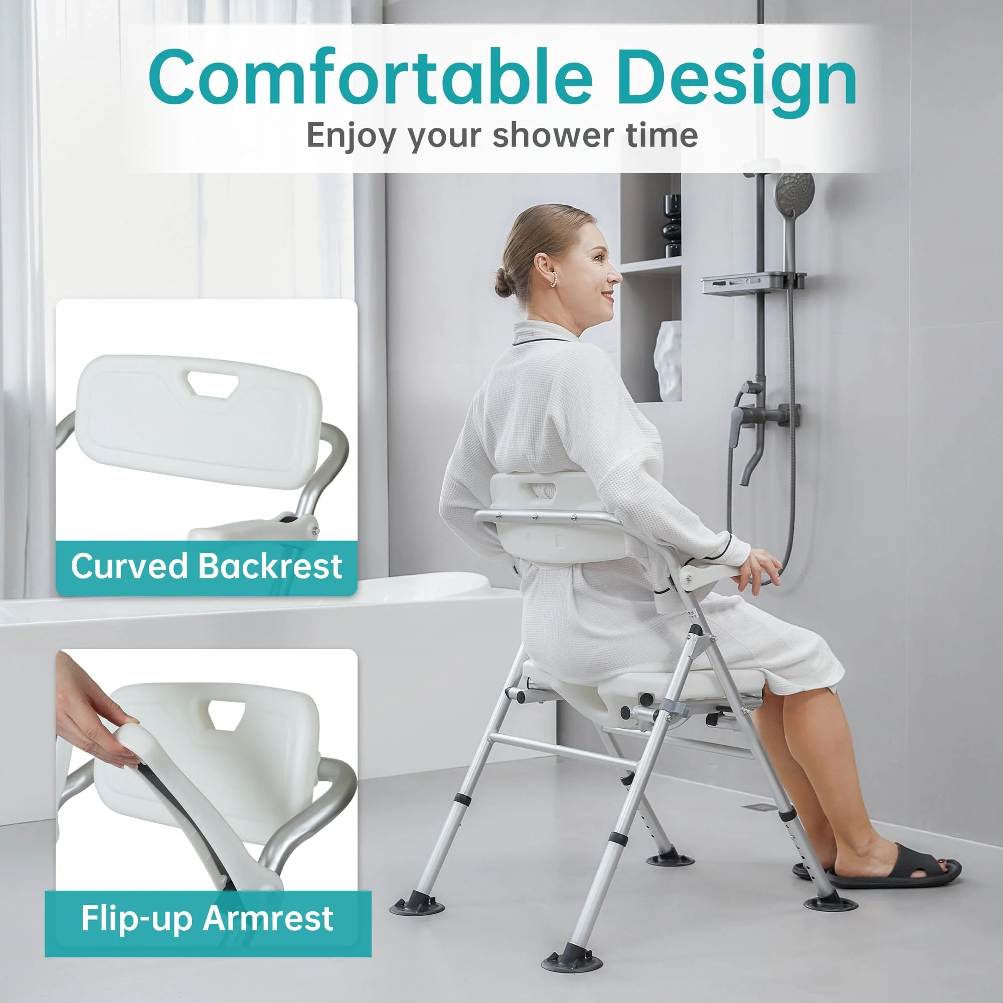 FST-743X-FW Folding Non-Slip Shower Chair U-Shaped Groove Design