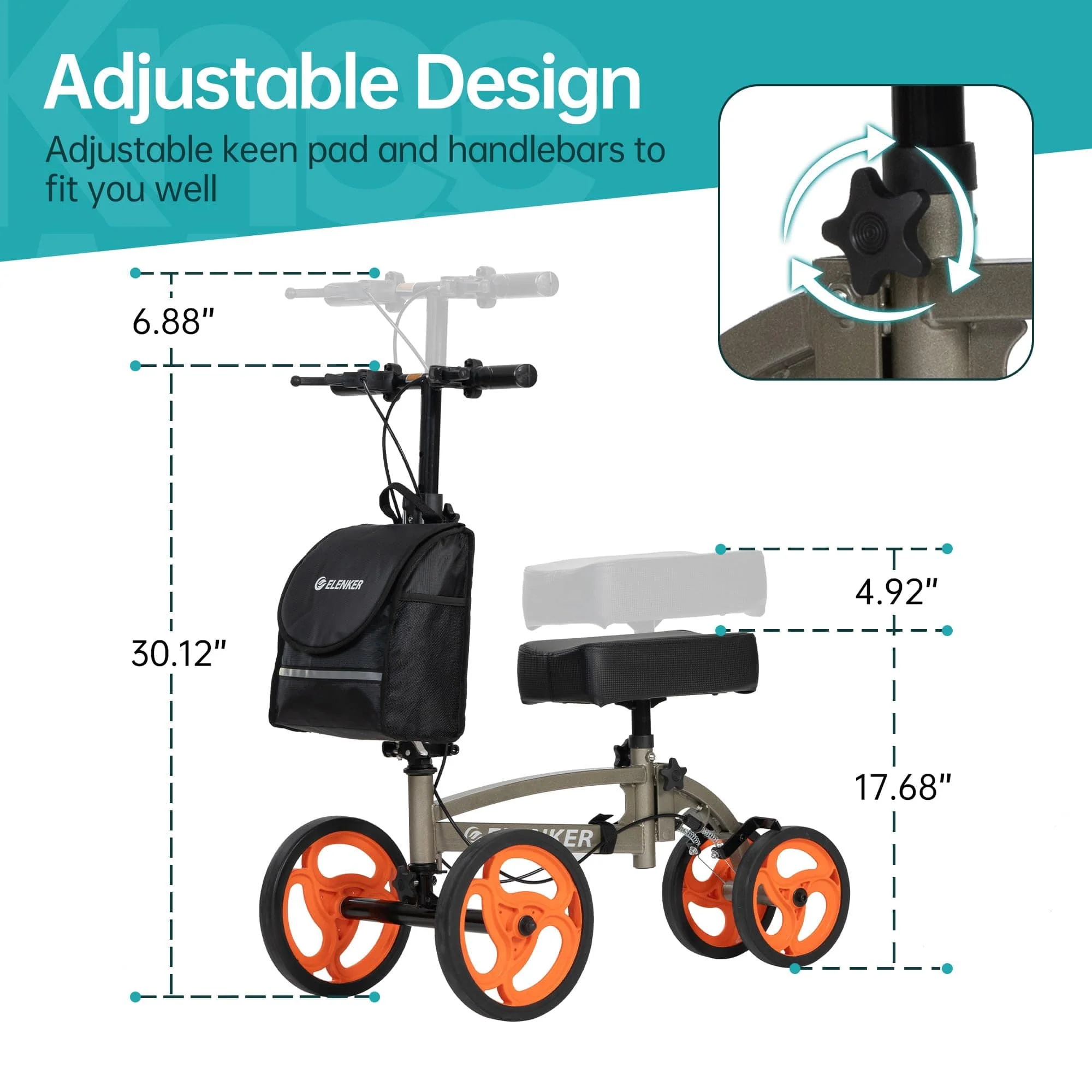 YF-9010A Steerable Knee Scooter, Foldable Knee Walker with Basket Dual Braking System Knee Scooters for Injured Ankle and Broken Foot Champagne