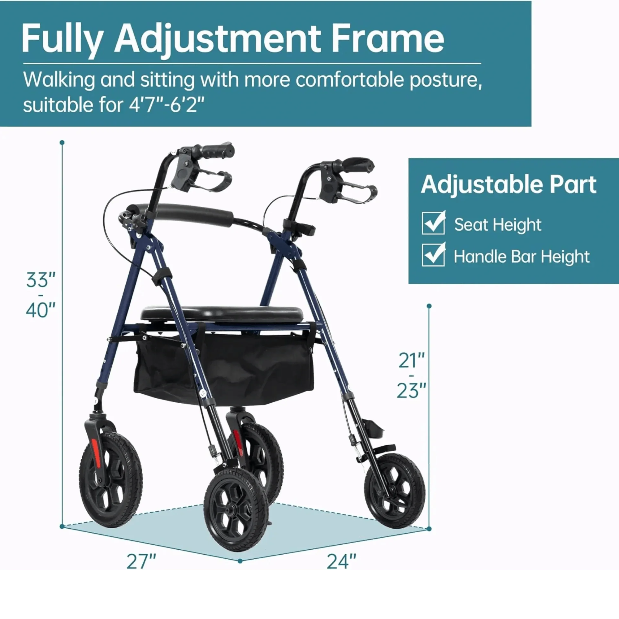 YF-9007D All-Terrain Dual-Brake Rollator Walker 8