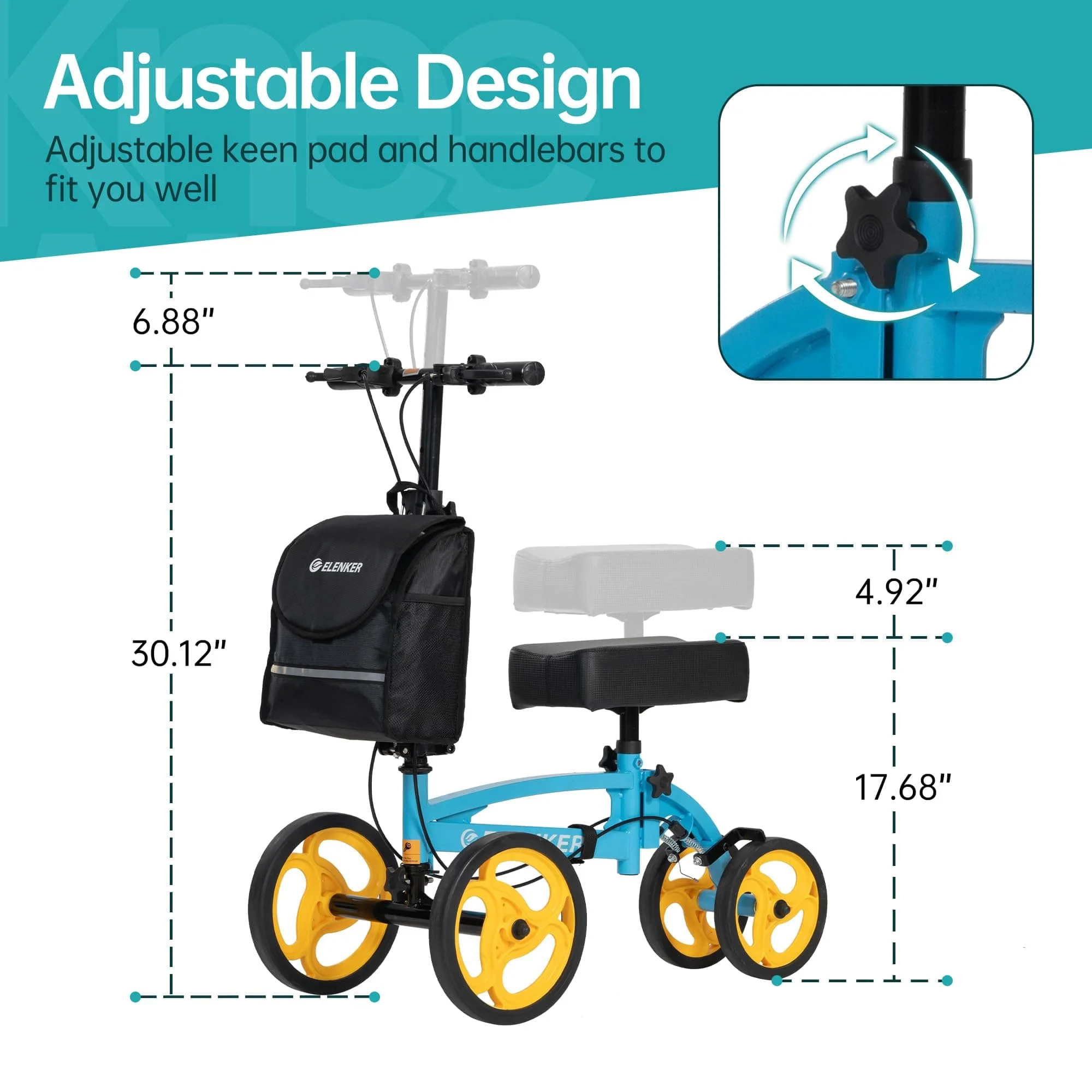 YF-9010A Steerable Knee Scooter, Foldable Knee Walker with Basket Dual Braking System Knee Scooters for Injured Ankle and Broken Foot Blue