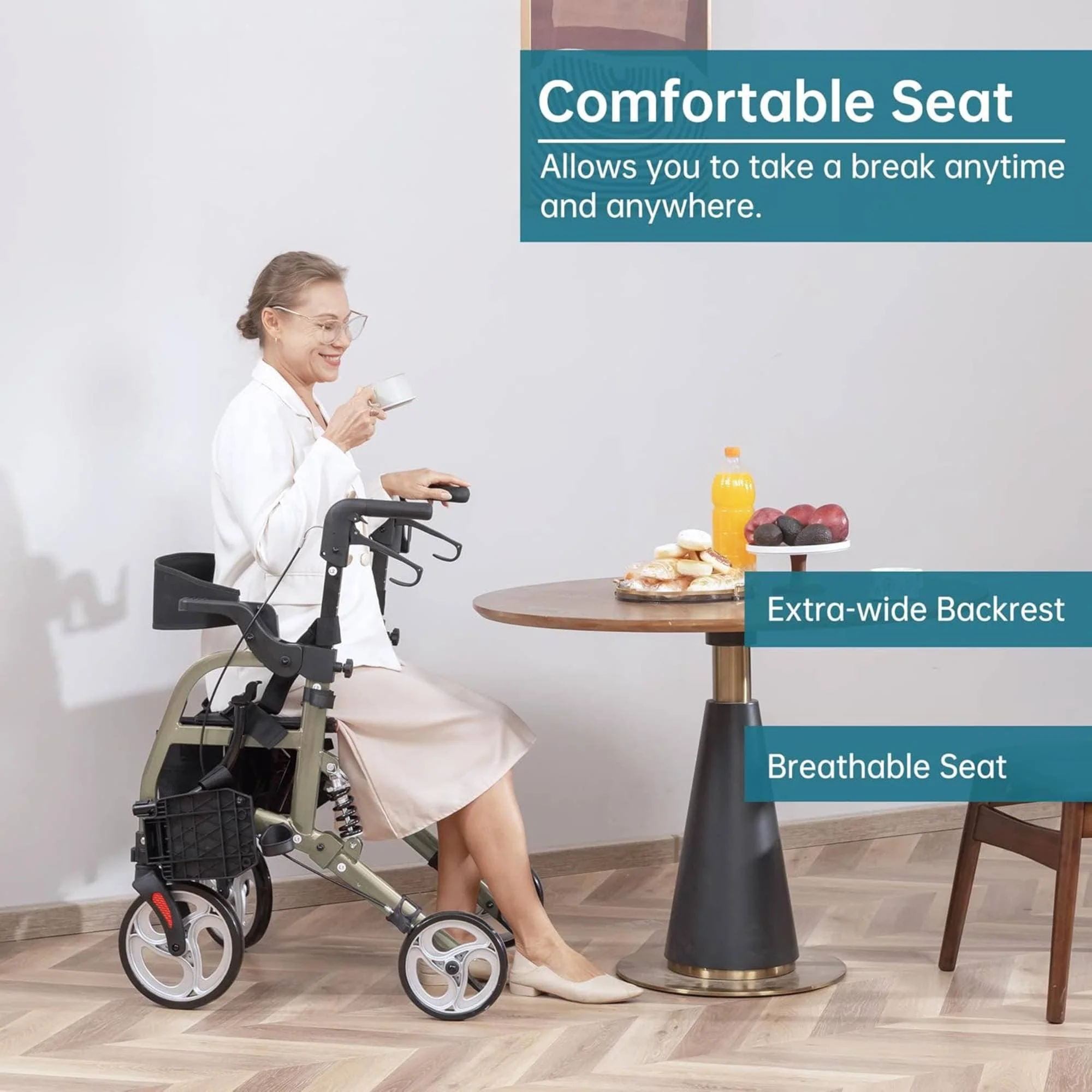 HFK-9294 2-in-1 Shock-Absorbing Rollator Walker 8” Rear Wheels