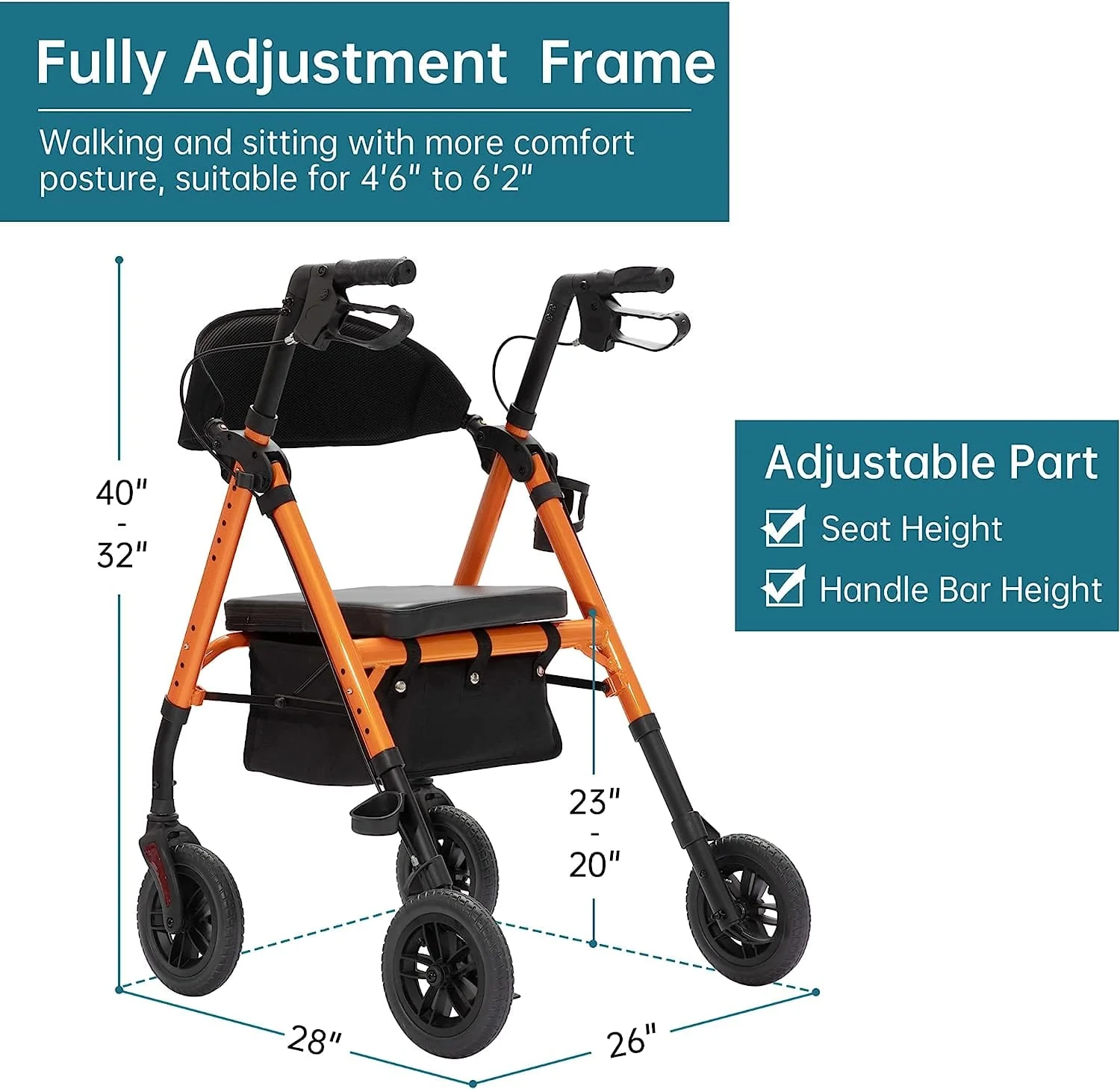 KLD-9218 All Terrain Dual-Brake Rollator Walker 8