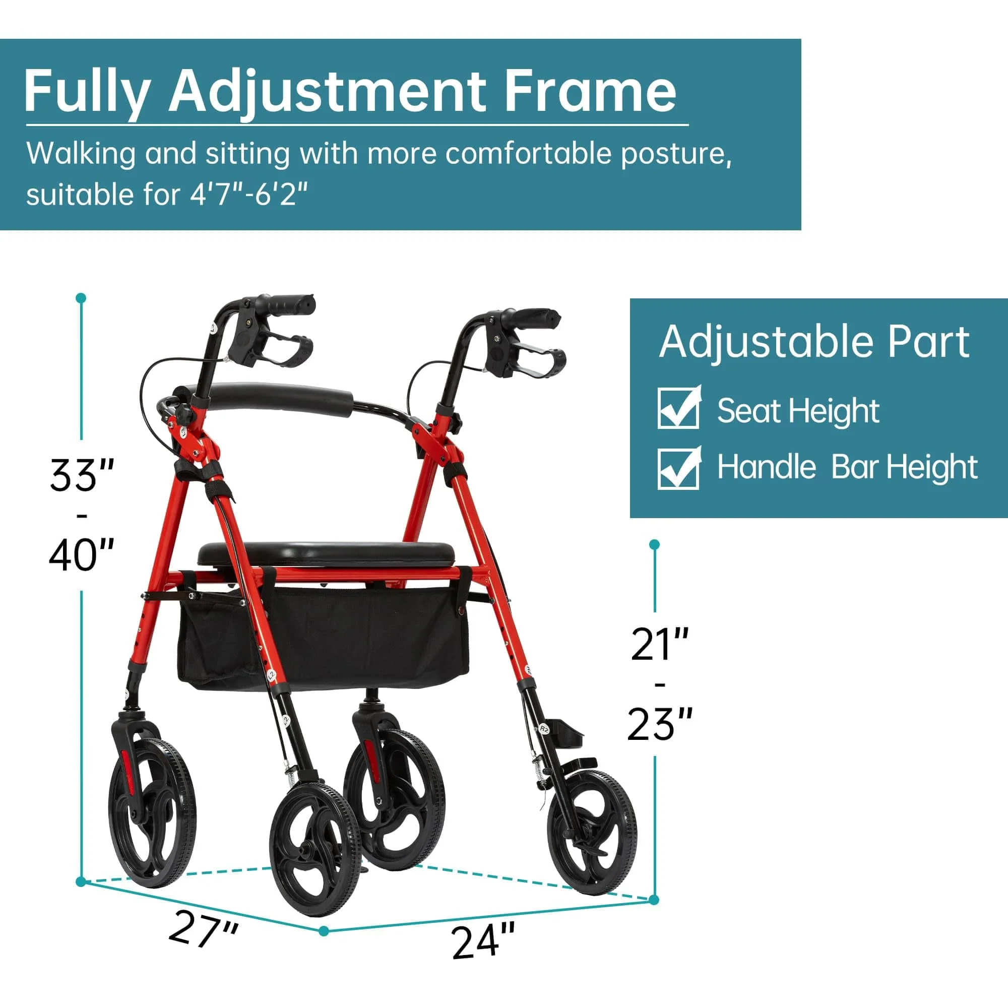 YF-9007B Dual-Brake Ergonomic Handgrip Rollator Walker 8