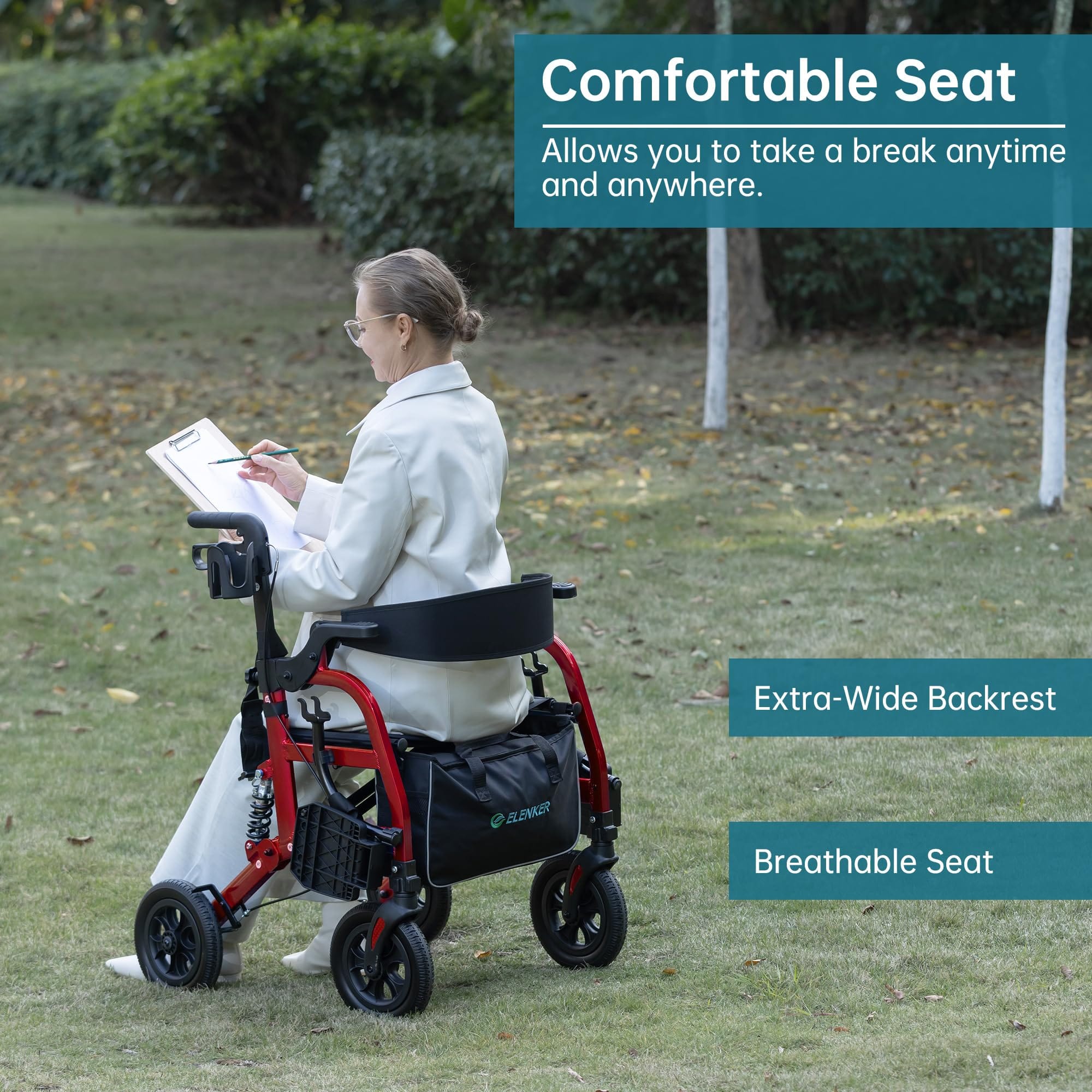 HFK-9294-2 All-Terrain 2-in-1 Shock-Absorbing Rollator Walker 10” Wheels