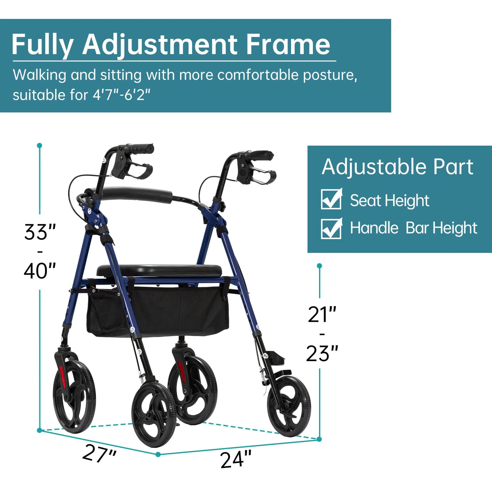 YF-9007B Dual-Brake Ergonomic Handgrip Rollator Walker 8