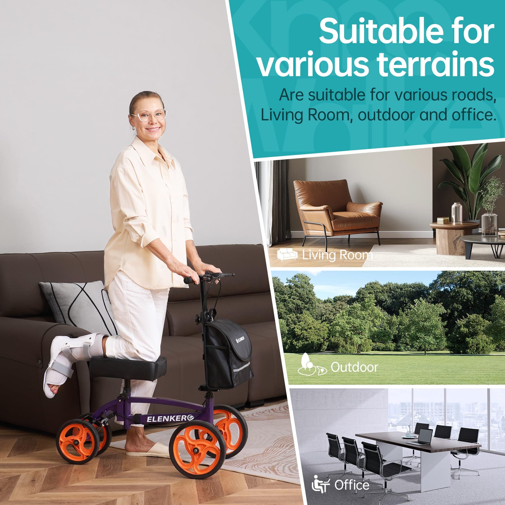 YF-9010A Steerable Knee Scooter, Foldable Knee Walker with Basket Dual Braking System Knee Scooters for Injured Ankle and Broken Foot Purple