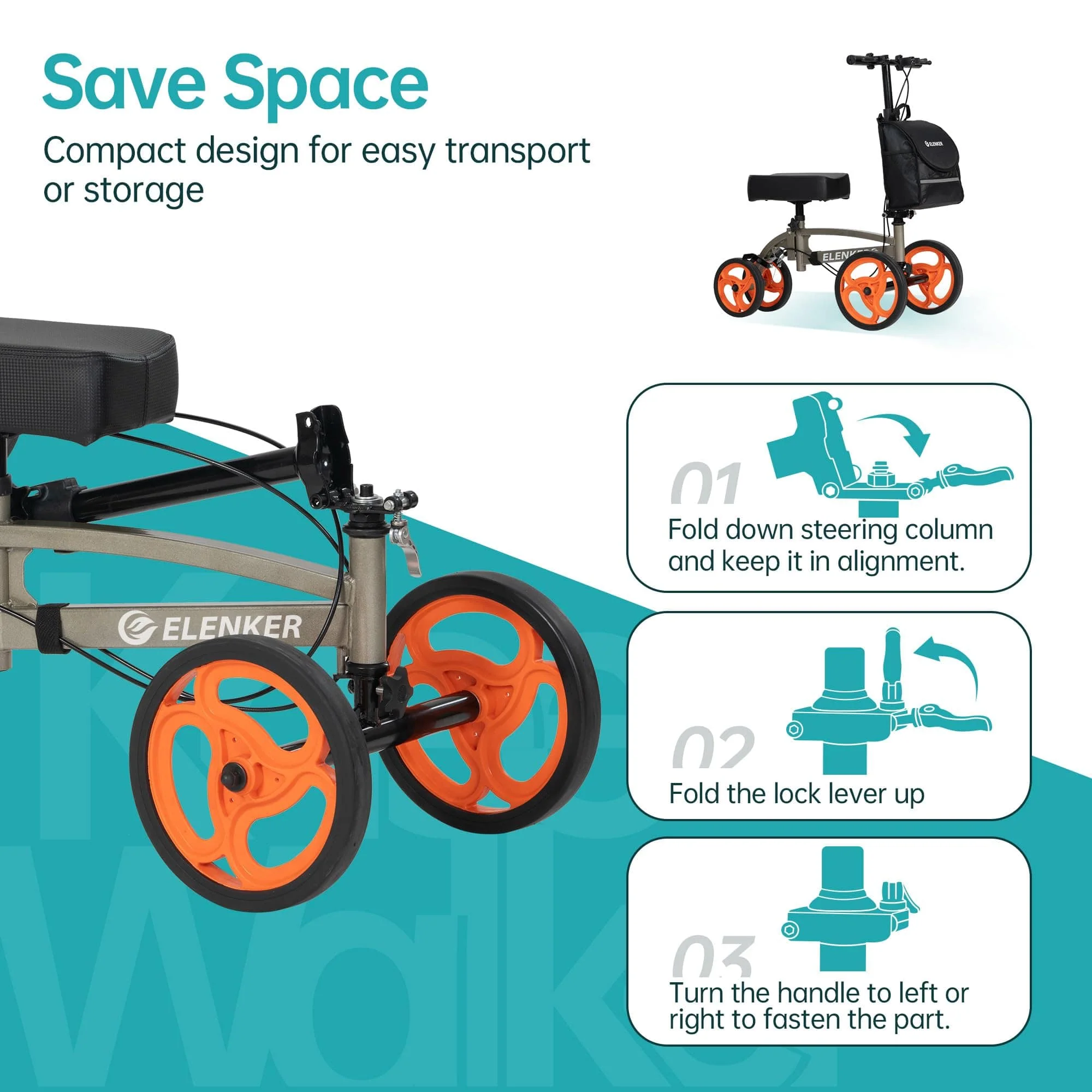 YF-9010A Steerable Knee Scooter, Foldable Knee Walker with Basket Dual Braking System Knee Scooters for Injured Ankle and Broken Foot Champagne