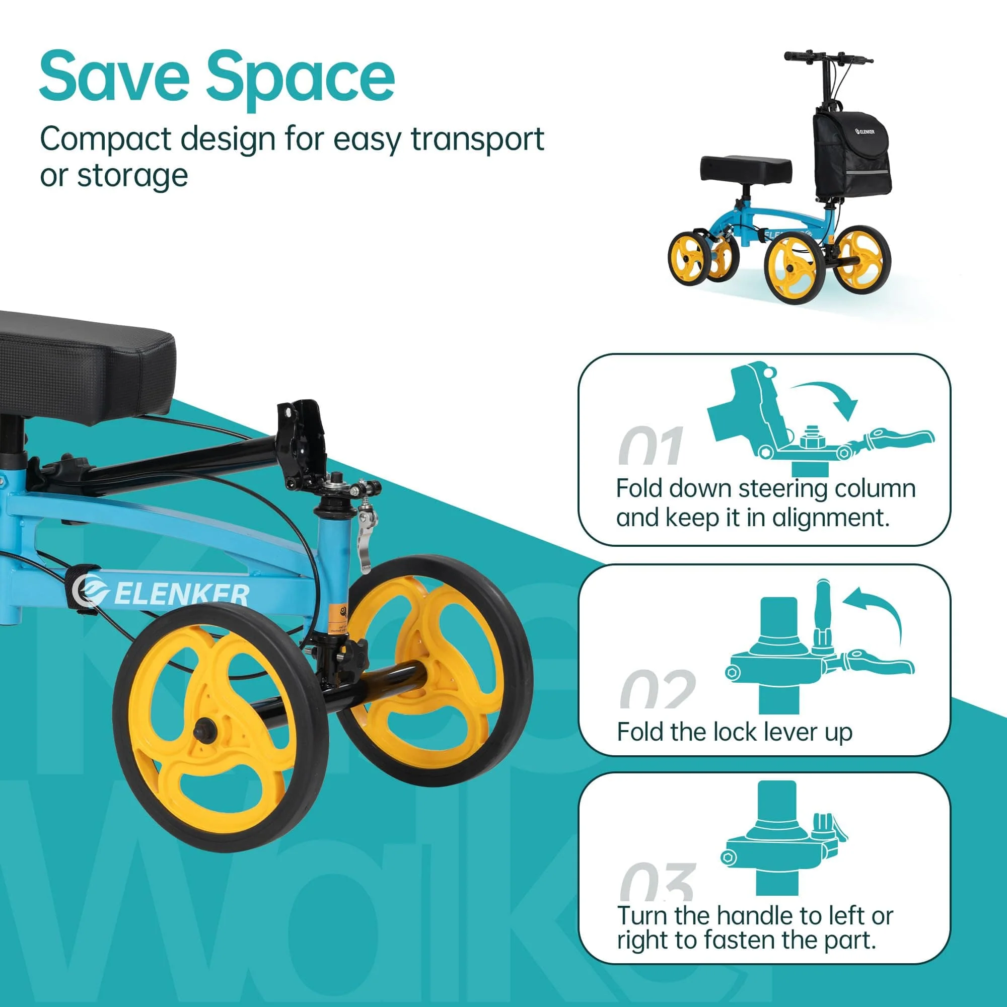YF-9010A Steerable Knee Scooter, Foldable Knee Walker with Basket Dual Braking System Knee Scooters for Injured Ankle and Broken Foot Blue