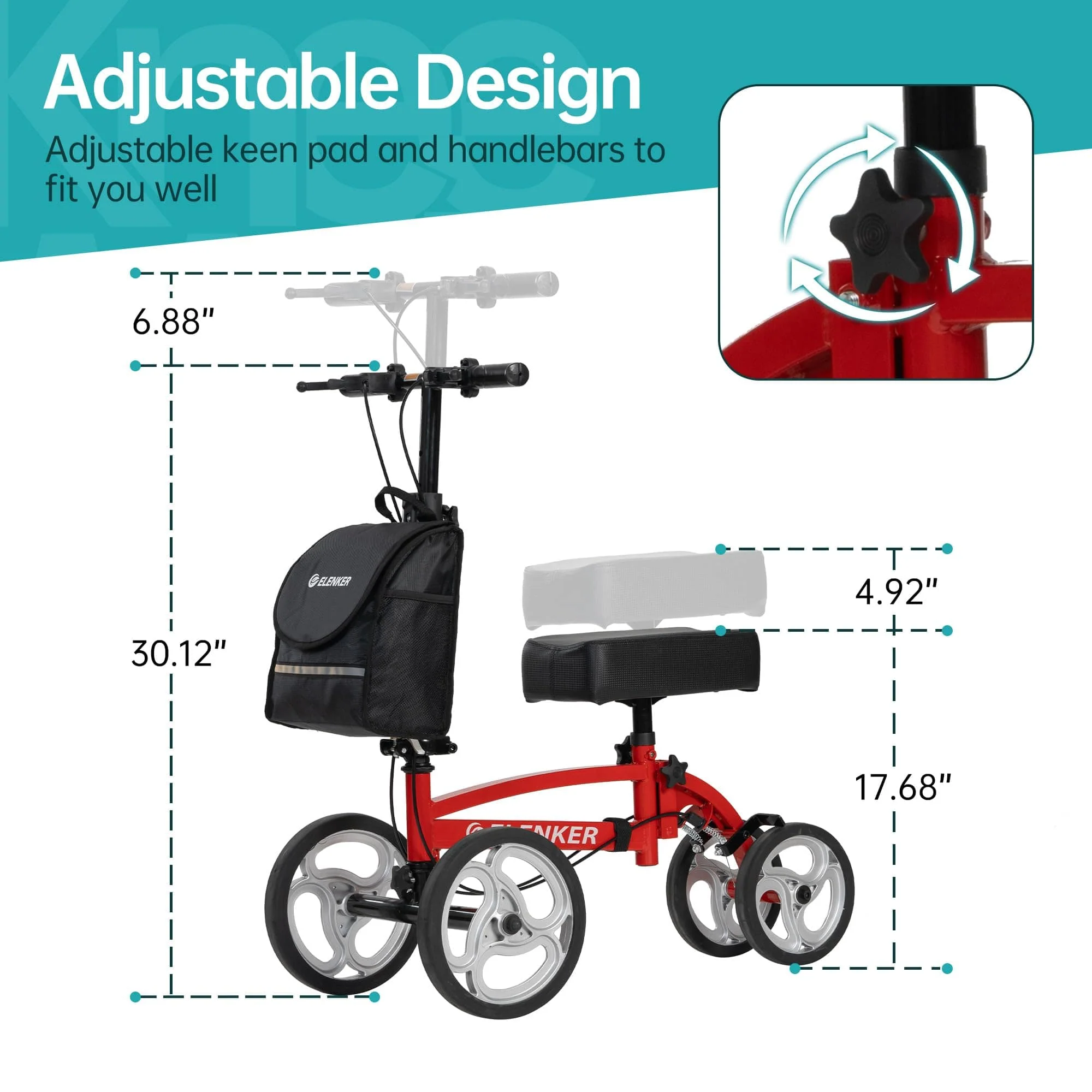 YF-9010A Steerable Knee Scooter, Foldable Knee Walker with Basket Dual Braking System Knee Scooters for Injured Ankle and Broken Foot Red