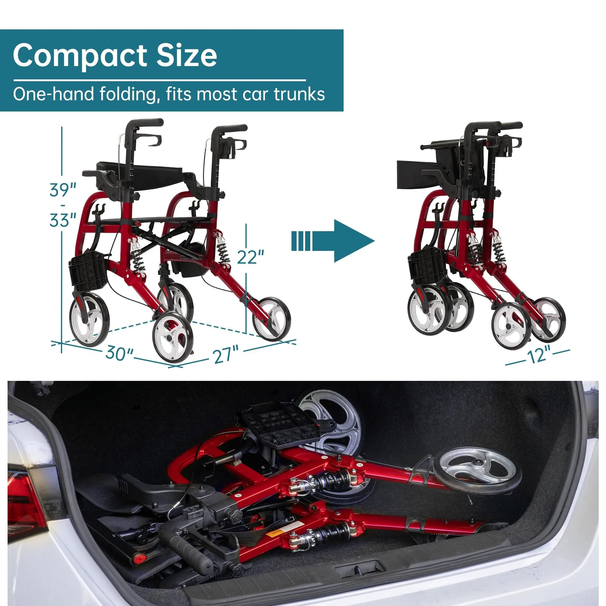 HFK-9294 2-in-1 Shock-Absorbing Rollator Walker 8” Rear Wheels