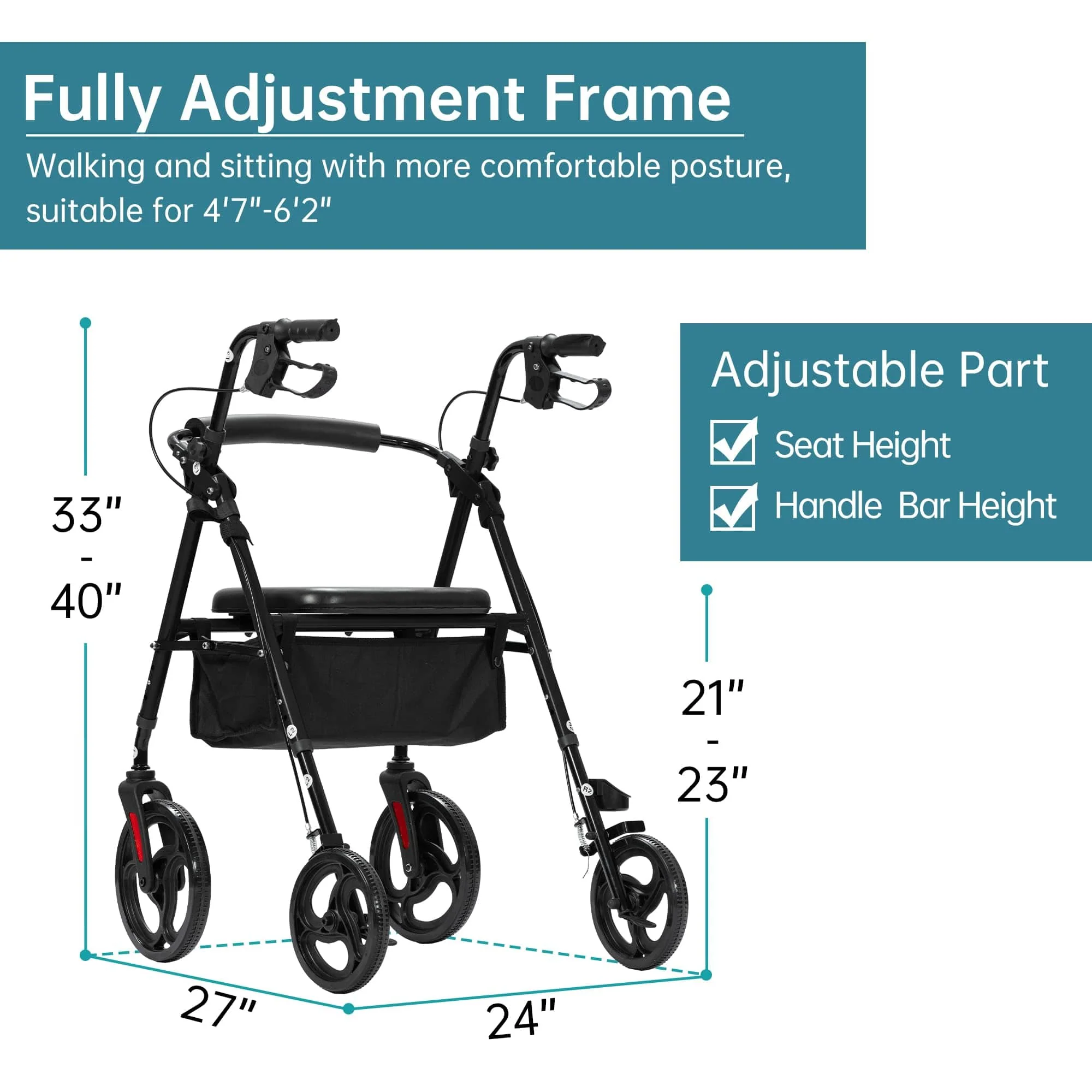 YF-9007B Dual-Brake Ergonomic Handgrip Rollator Walker 8