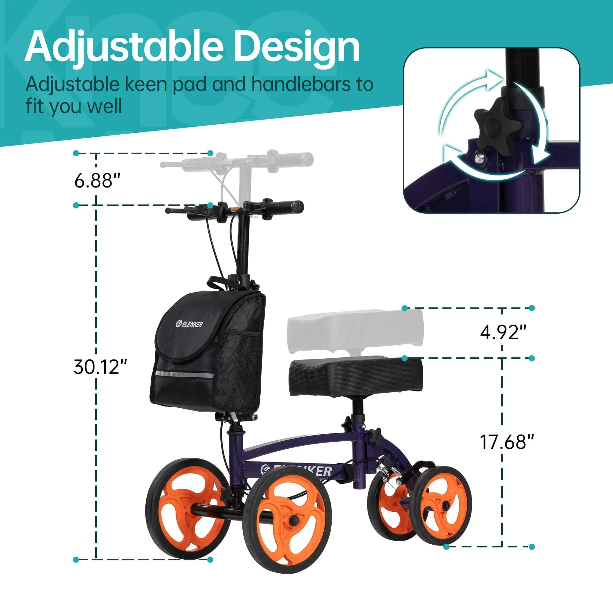 YF-9010A Steerable Knee Scooter, Foldable Knee Walker with Basket Dual Braking System Knee Scooters for Injured Ankle and Broken Foot Purple