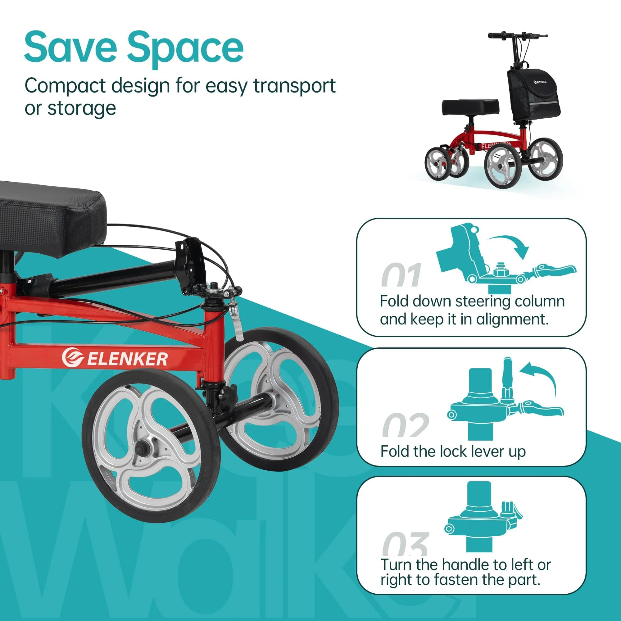 YF-9010A Steerable Knee Scooter, Foldable Knee Walker with Basket Dual Braking System Knee Scooters for Injured Ankle and Broken Foot Red