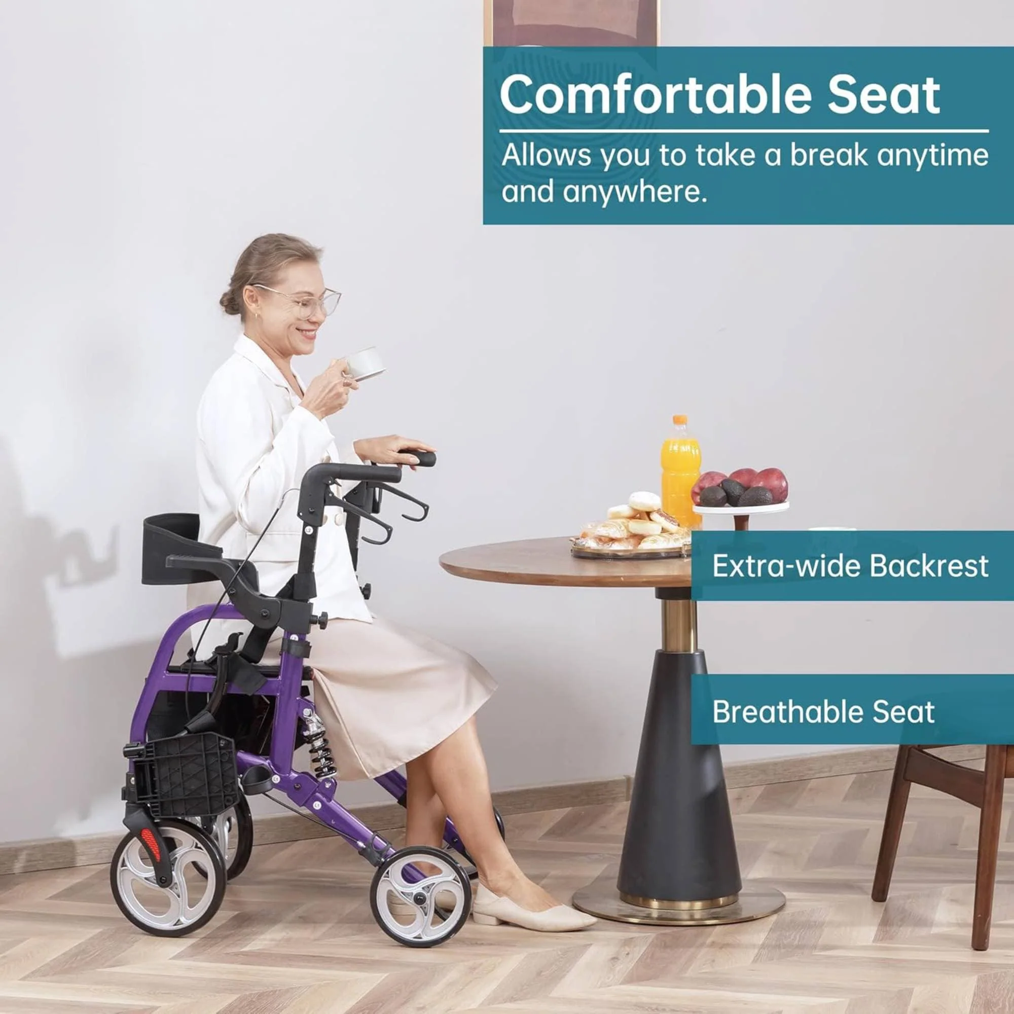 HFK-9294 2-in-1 Shock-Absorbing Rollator Walker 8” Rear Wheels