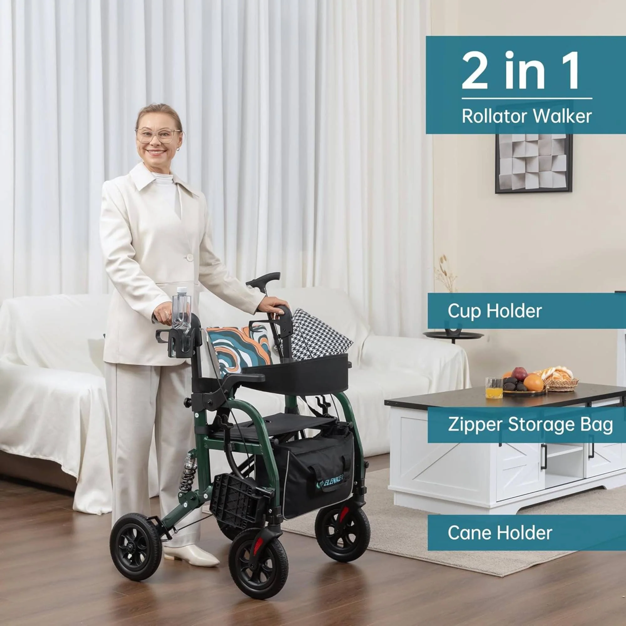 HFK-9294-2 All-Terrain 2-in-1 Shock-Absorbing Rollator Walker 10” Wheels