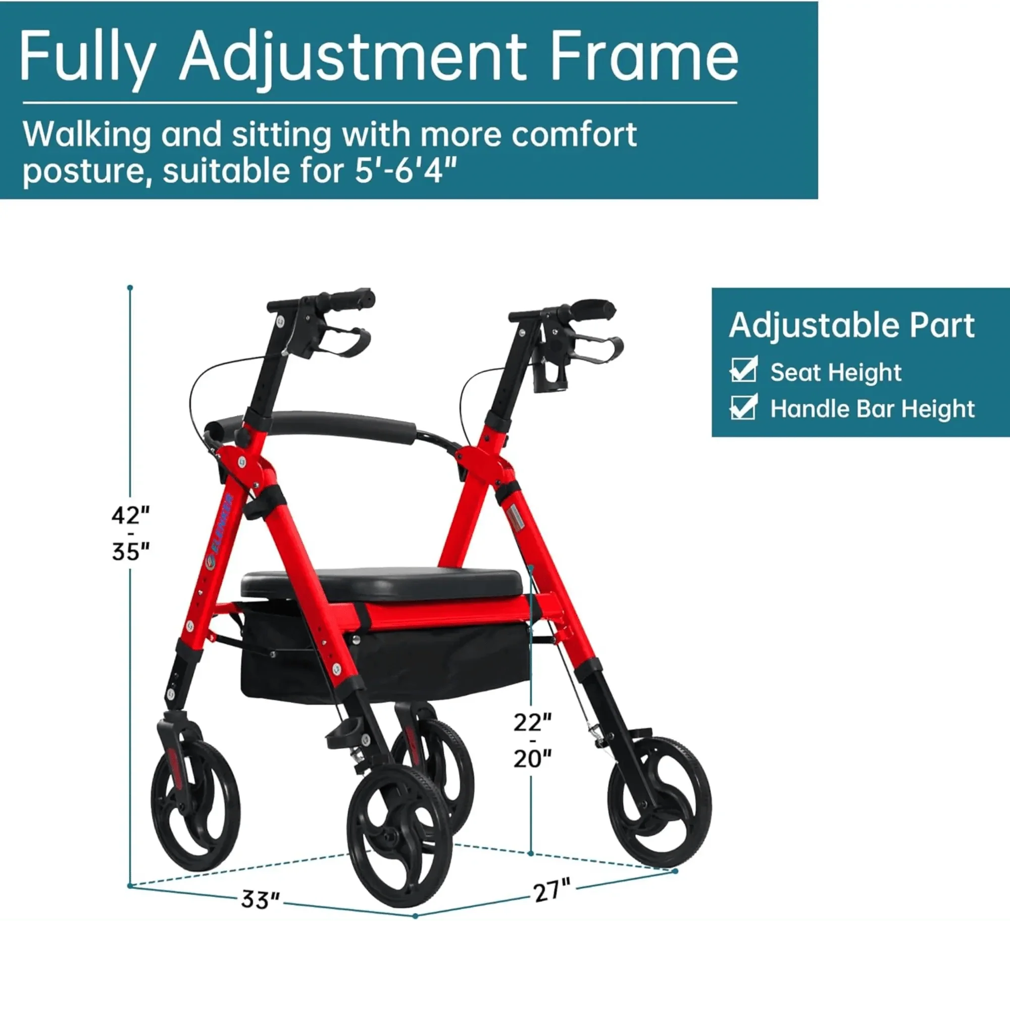 YF-9007A Dual-Brake Heavy Duty Rollator Walker 10