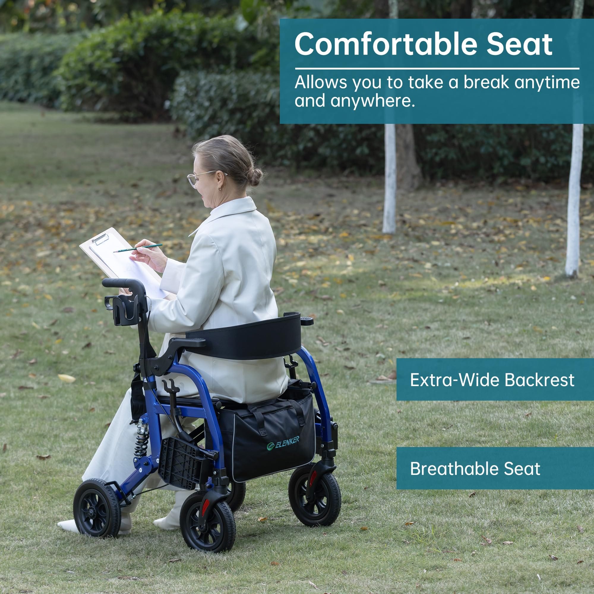 HFK-9294-2 All-Terrain 2-in-1 Shock-Absorbing Rollator Walker 10” Wheels