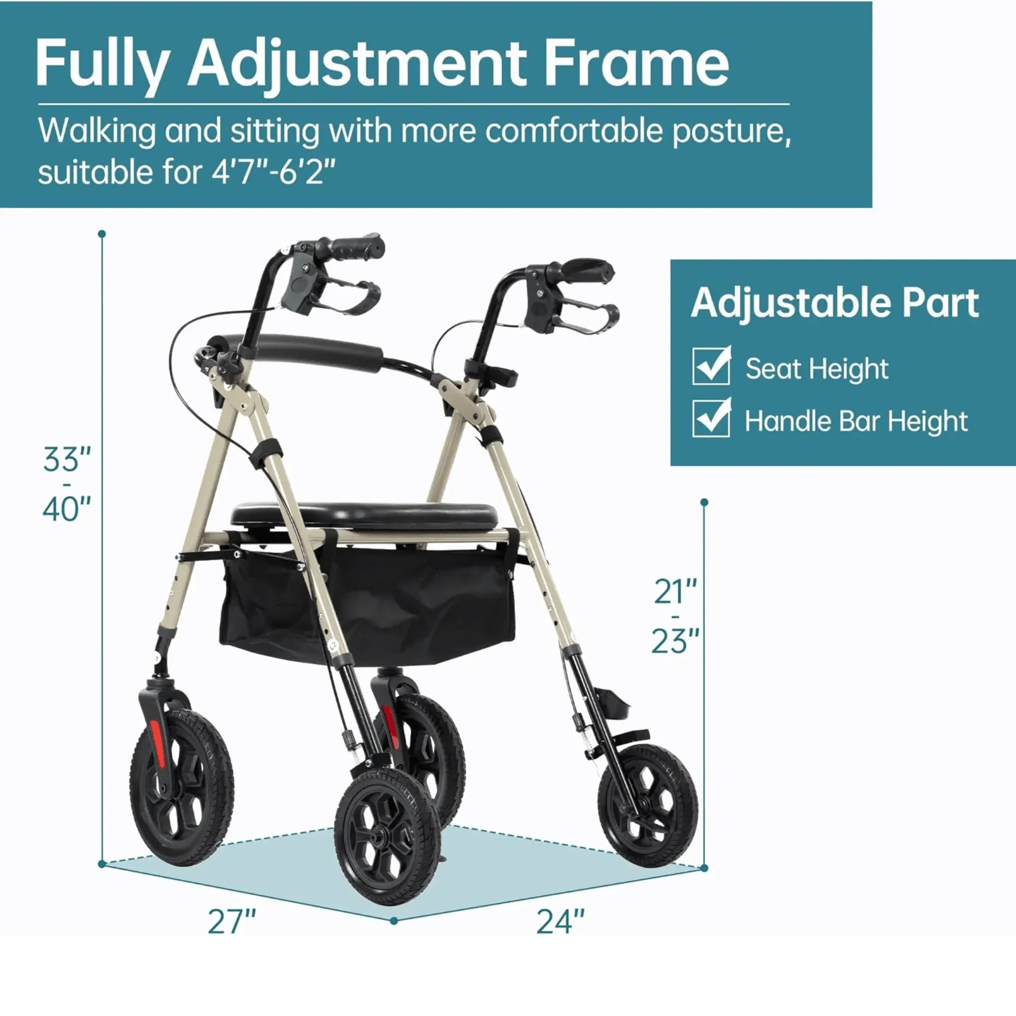 YF-9007D All-Terrain Dual-Brake Rollator Walker 8