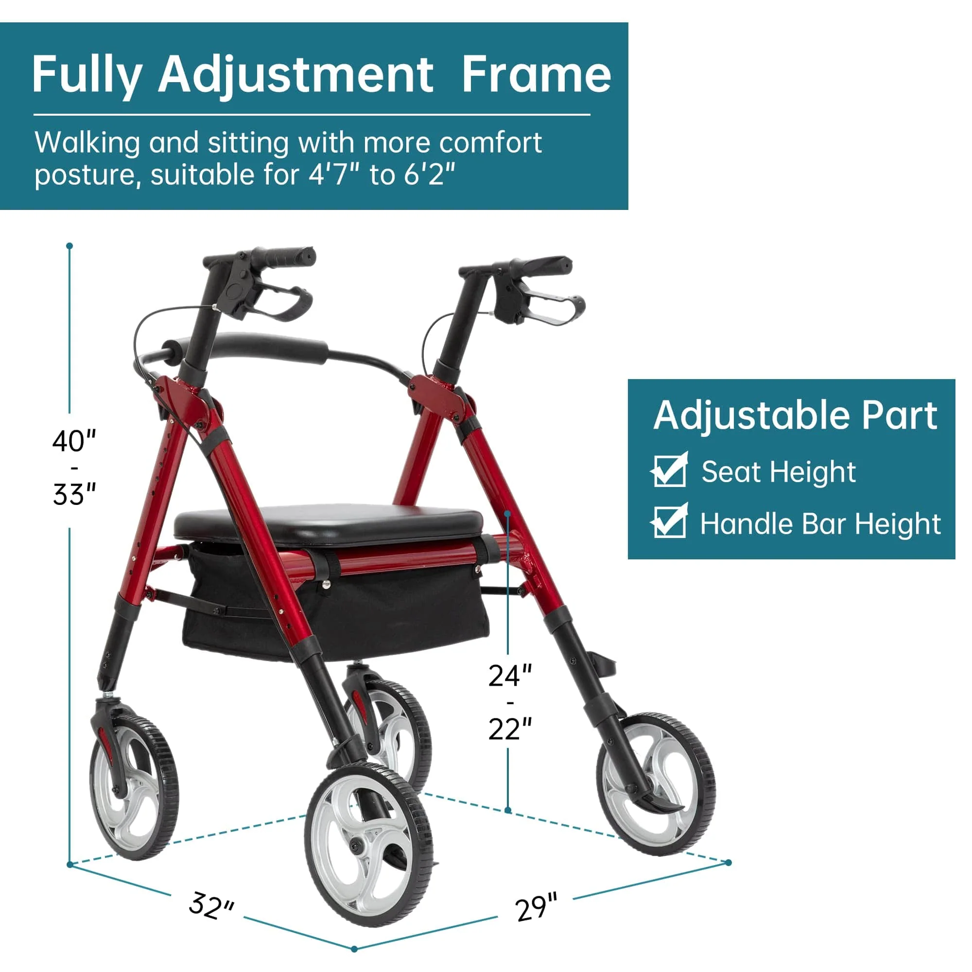 HFK-9219KD-1 Heavy Duty No-Assembly Rollator Walker 10