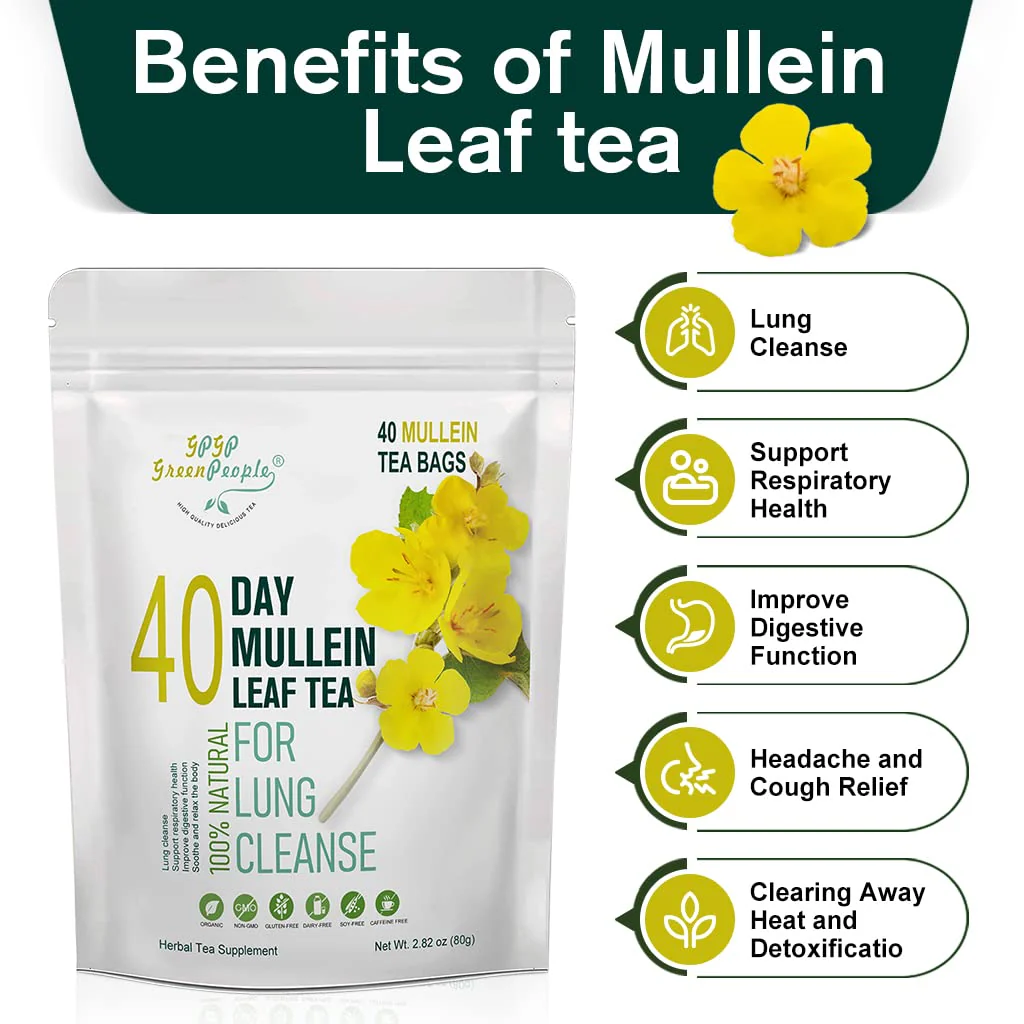 Mullein Leaf Tea for Lungs Cleanse and Immune Support, 100% Natural, Caffeine Free, 40 Tea Bags