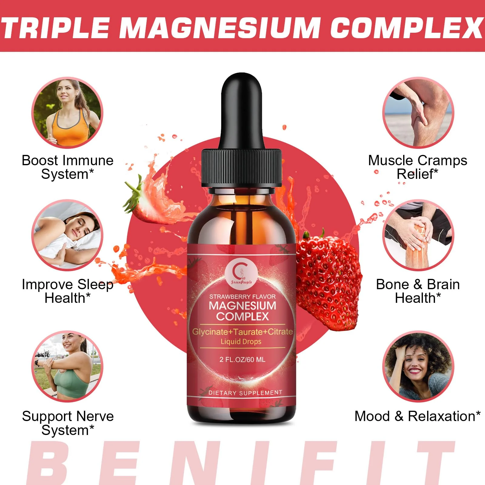 (2 Pack) Magnesium Glycinate Liquid Drops with Citrate & Taurate,Triple Magnesium Complex Supplement with Calcium, Potassium for Energy, Sleep, Muscle, Immune, Sugar Free, Strawberry Flavor, 4 Fl OZ