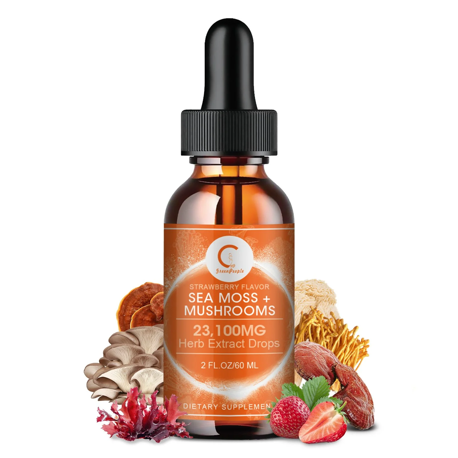 Sea Moss & Mushrooms Liquid Drops, Lions Mane Supplement with Irish Sea Moss & Cordyceps etc, Support for Memory, Focus & Clarify, Immune and Digestive Health, Non-GMO, Strawberry Flavor, 2 FL OZ